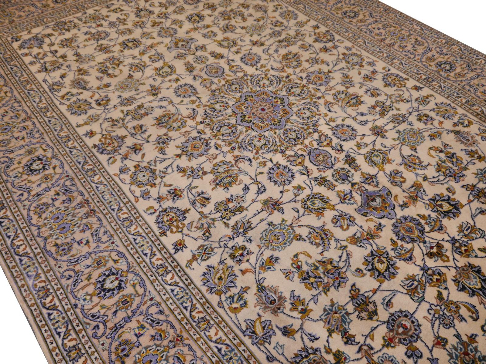 West Asian Classic Vintage Rug 12 x 8 ft hand knotted in beige and blue For Sale