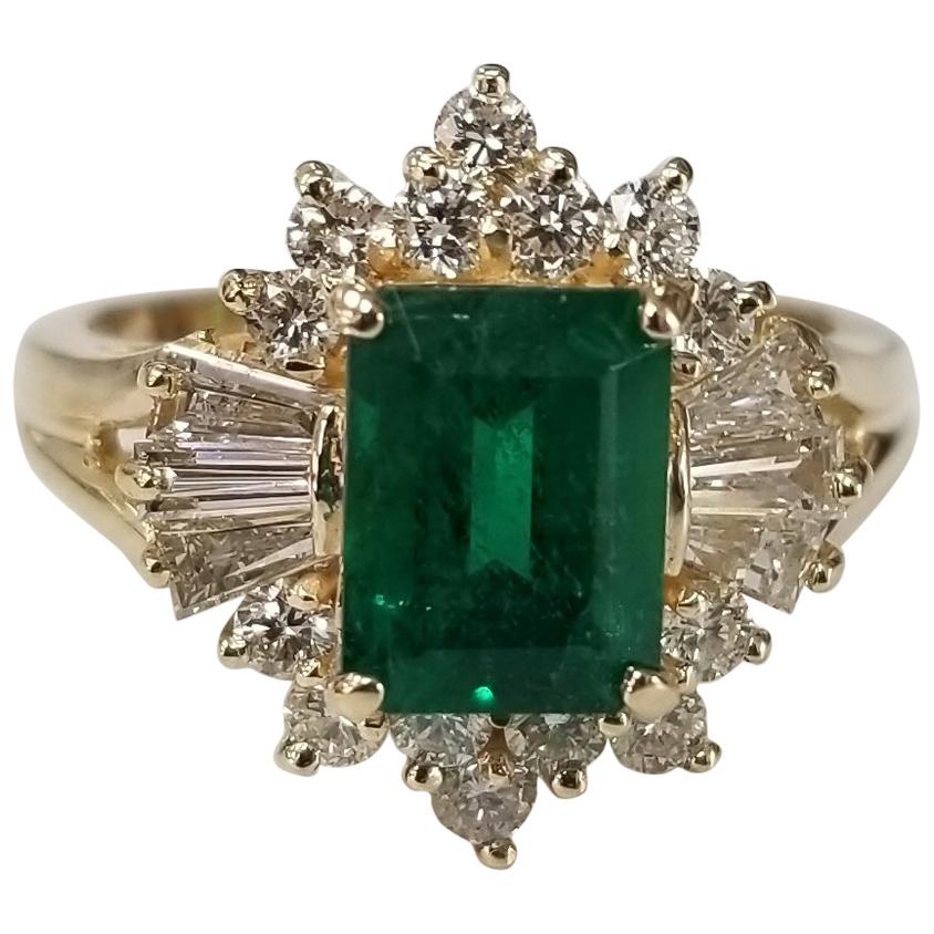 Classic "Vintage"GIA Certified Emerald 14K Yellow Gold Emerald Diamond Ring For Sale