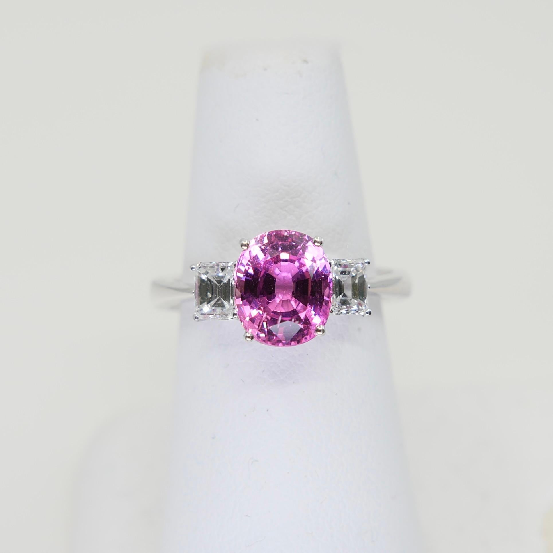 Classic Vivid Pink Sapphire & Diamond Three Stone Ring. Classic. Crazy Color! For Sale 5
