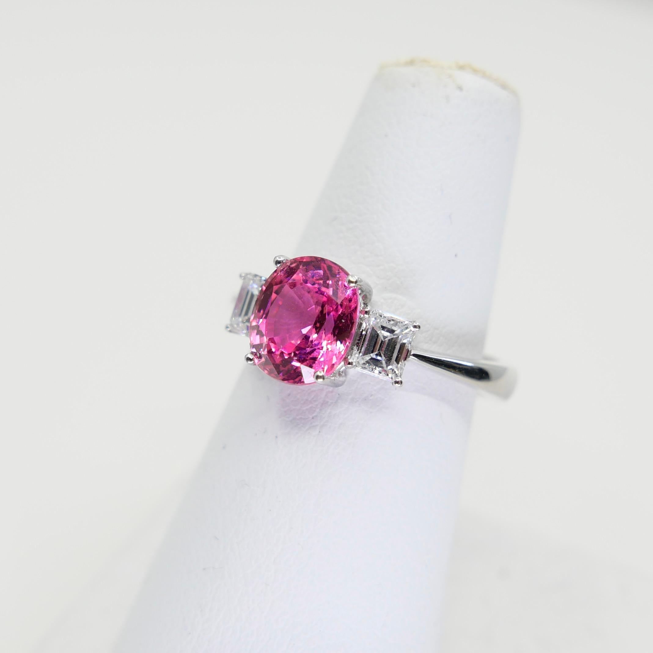 Classic Vivid Pink Sapphire & Diamond Three Stone Ring. Classic. Crazy Color! For Sale 7