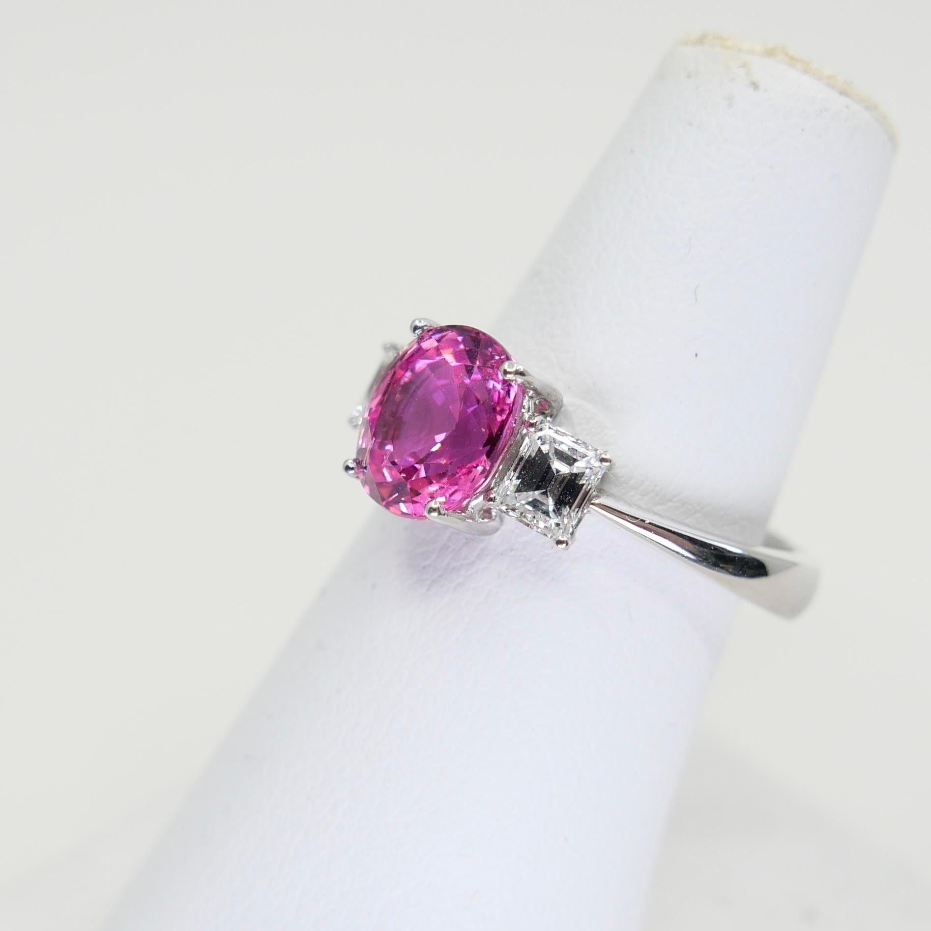 Classic Vivid Pink Sapphire & Diamond Three Stone Ring. Classic. Crazy Color! For Sale 8