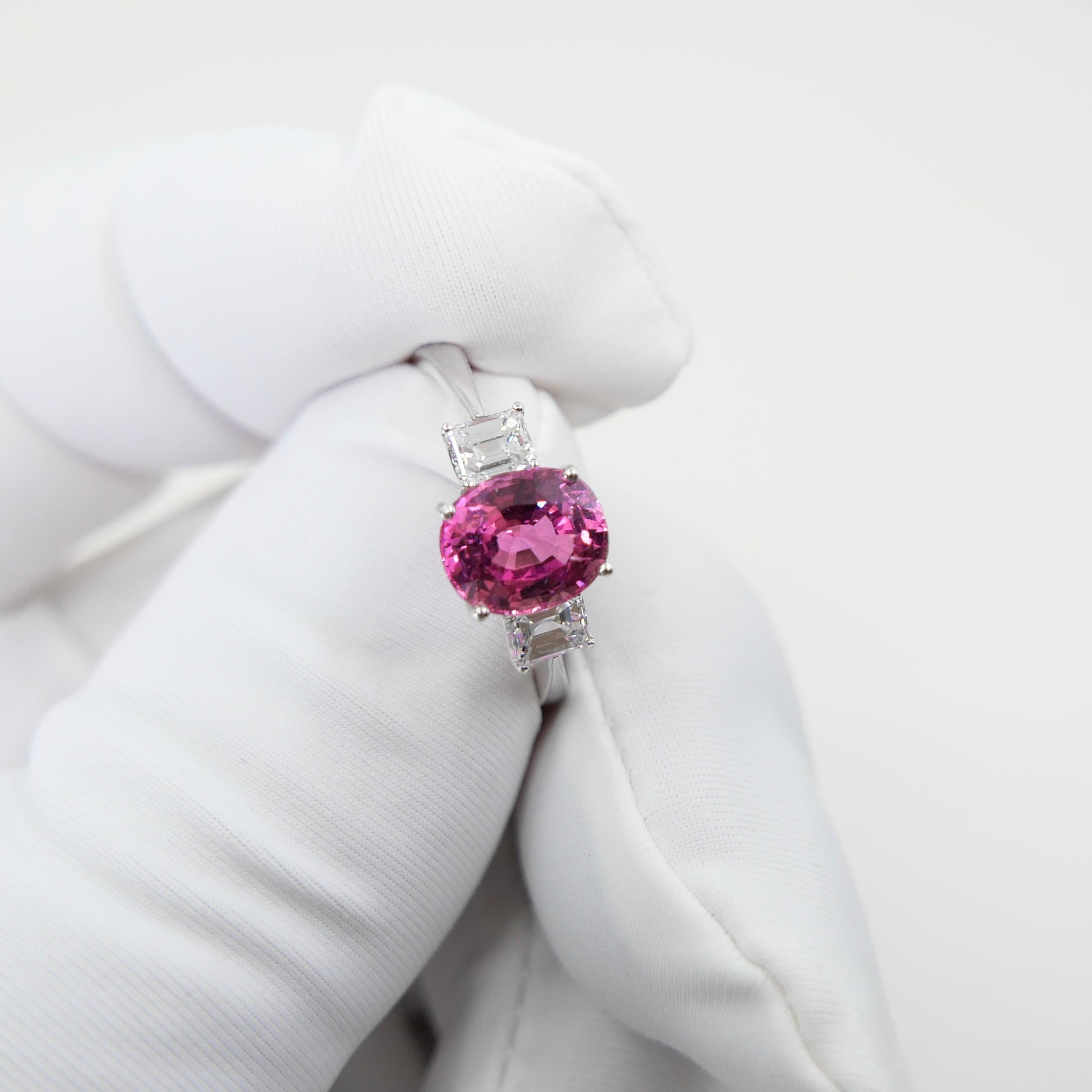 Classic Vivid Pink Sapphire & Diamond Three Stone Ring. Classic. Crazy Color! For Sale 9