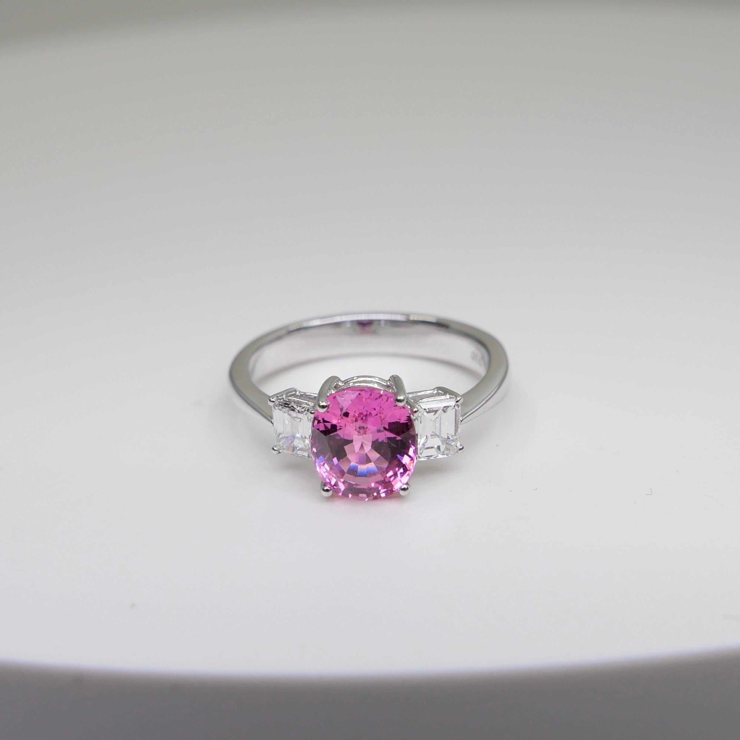 Classic Vivid Pink Sapphire & Diamond Three Stone Ring. Classic. Crazy Color! For Sale 12