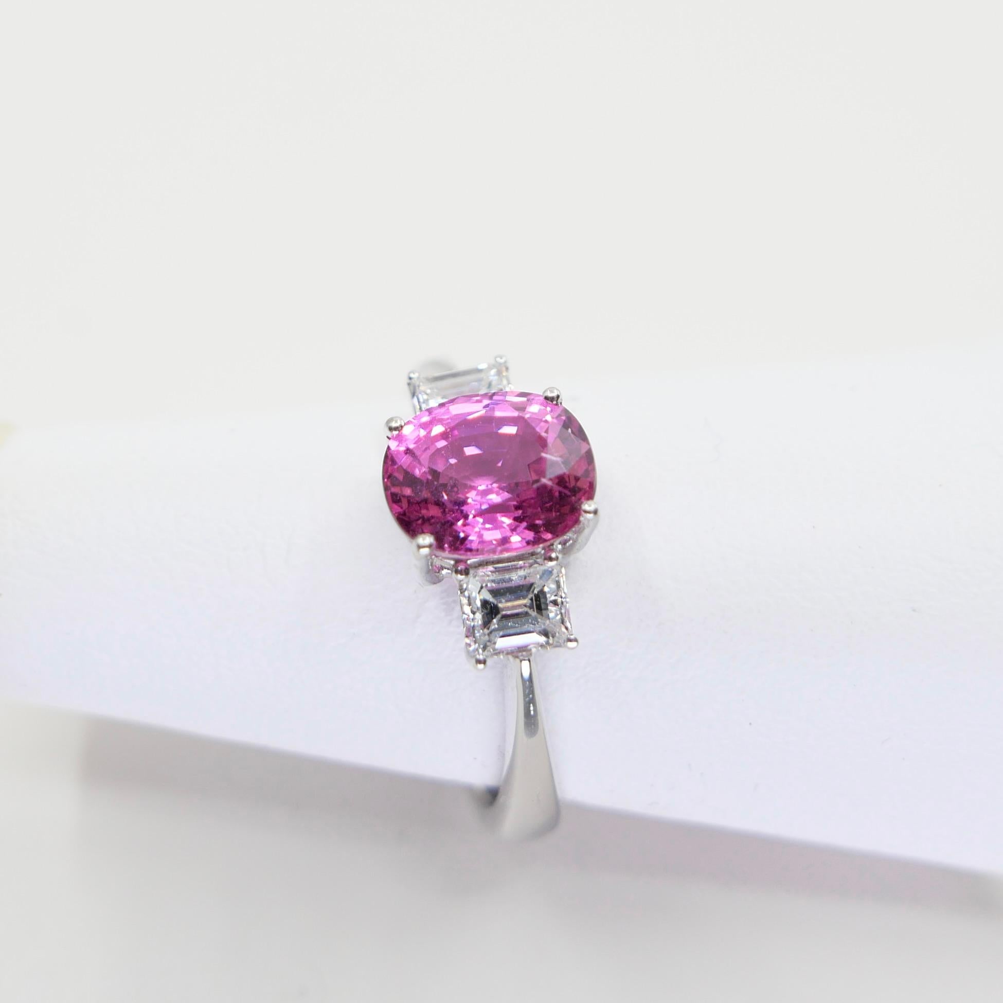 Classic Vivid Pink Sapphire & Diamond Three Stone Ring. Classic. Crazy Color! For Sale 13