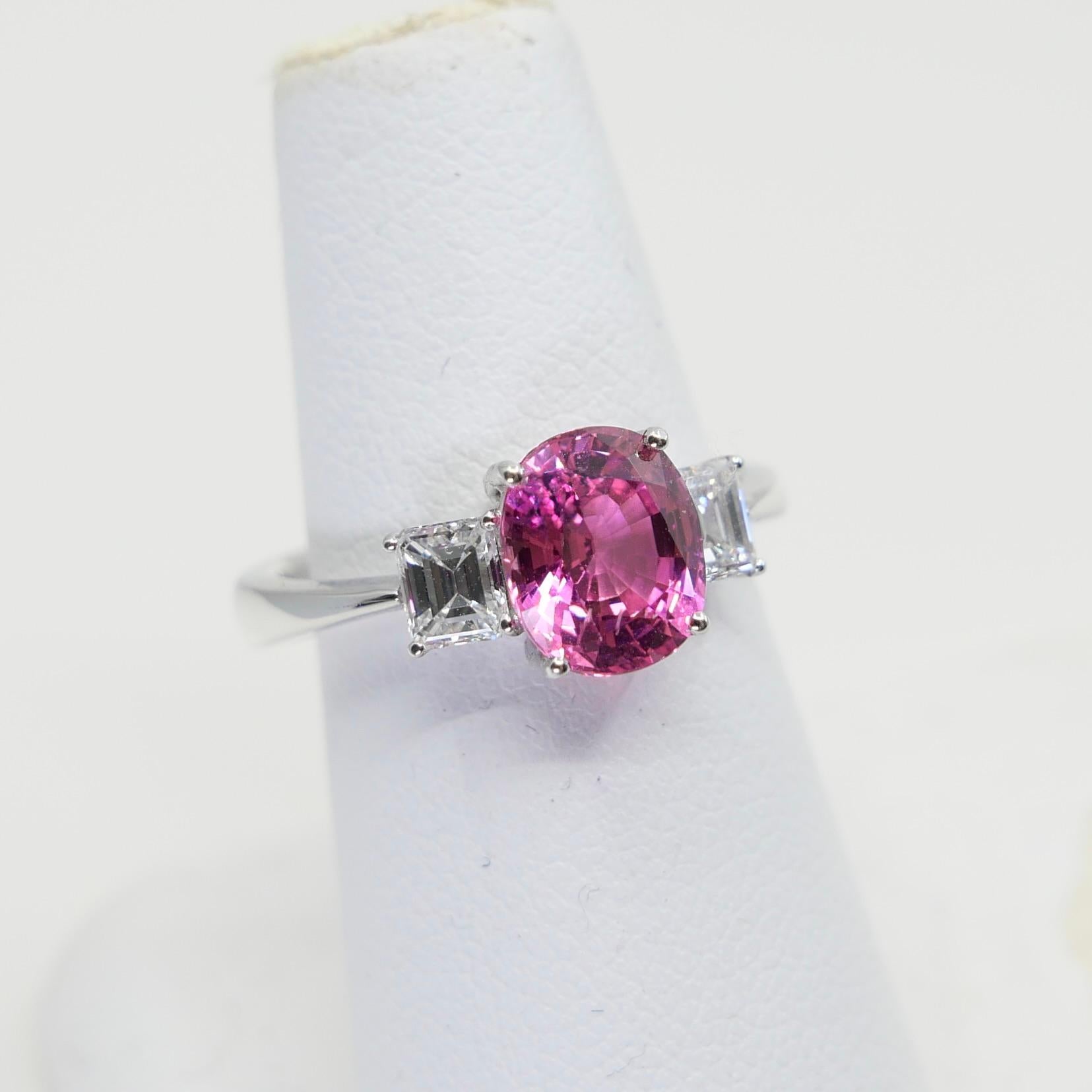 Oval Cut Classic Vivid Pink Sapphire & Diamond Three Stone Ring. Classic. Crazy Color! For Sale