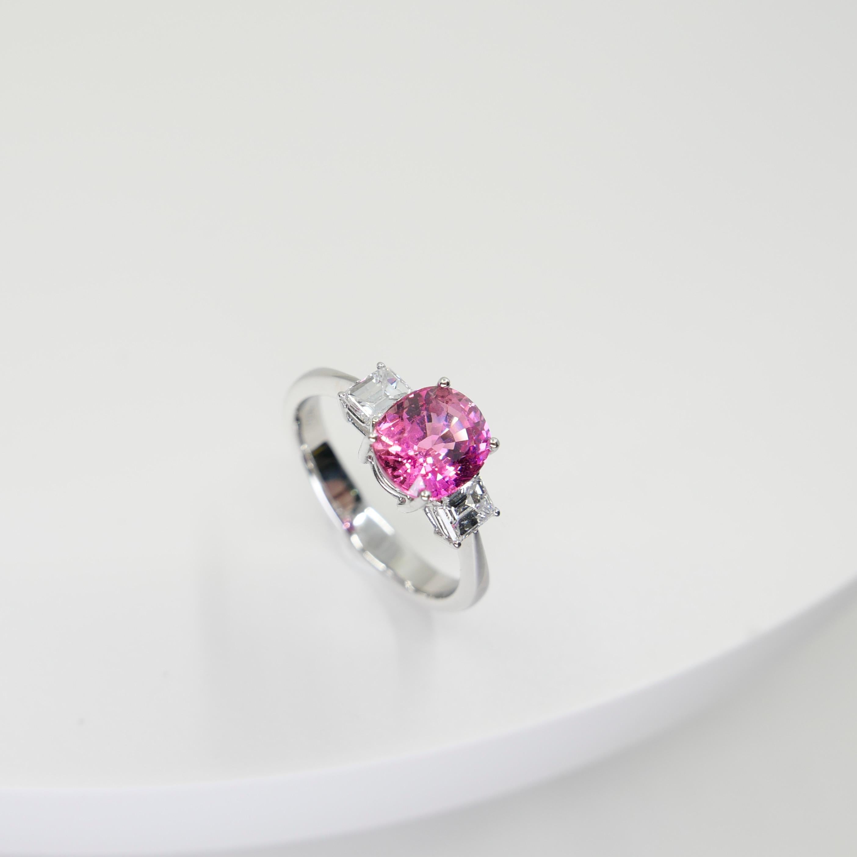 Classic Vivid Pink Sapphire & Diamond Three Stone Ring. Classic. Crazy Color! For Sale 1