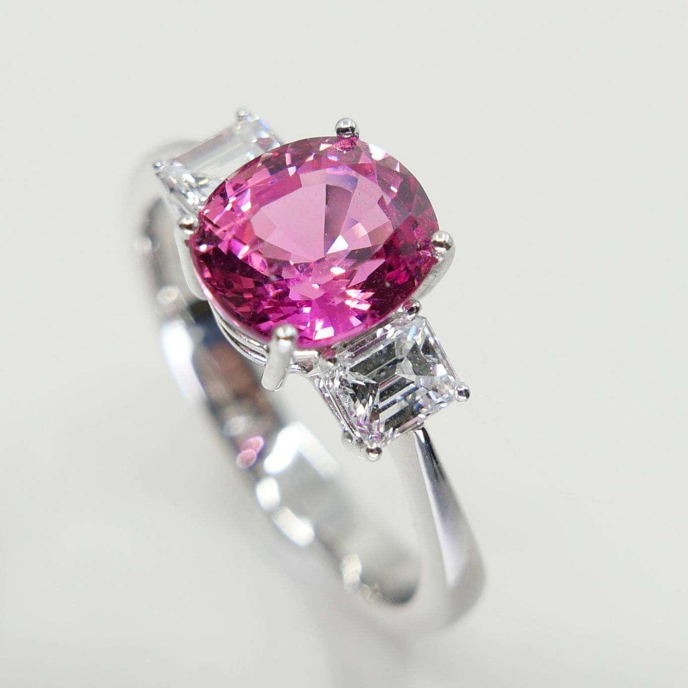 Classic Vivid Pink Sapphire & Diamond Three Stone Ring. Classic. Crazy Color! For Sale 3