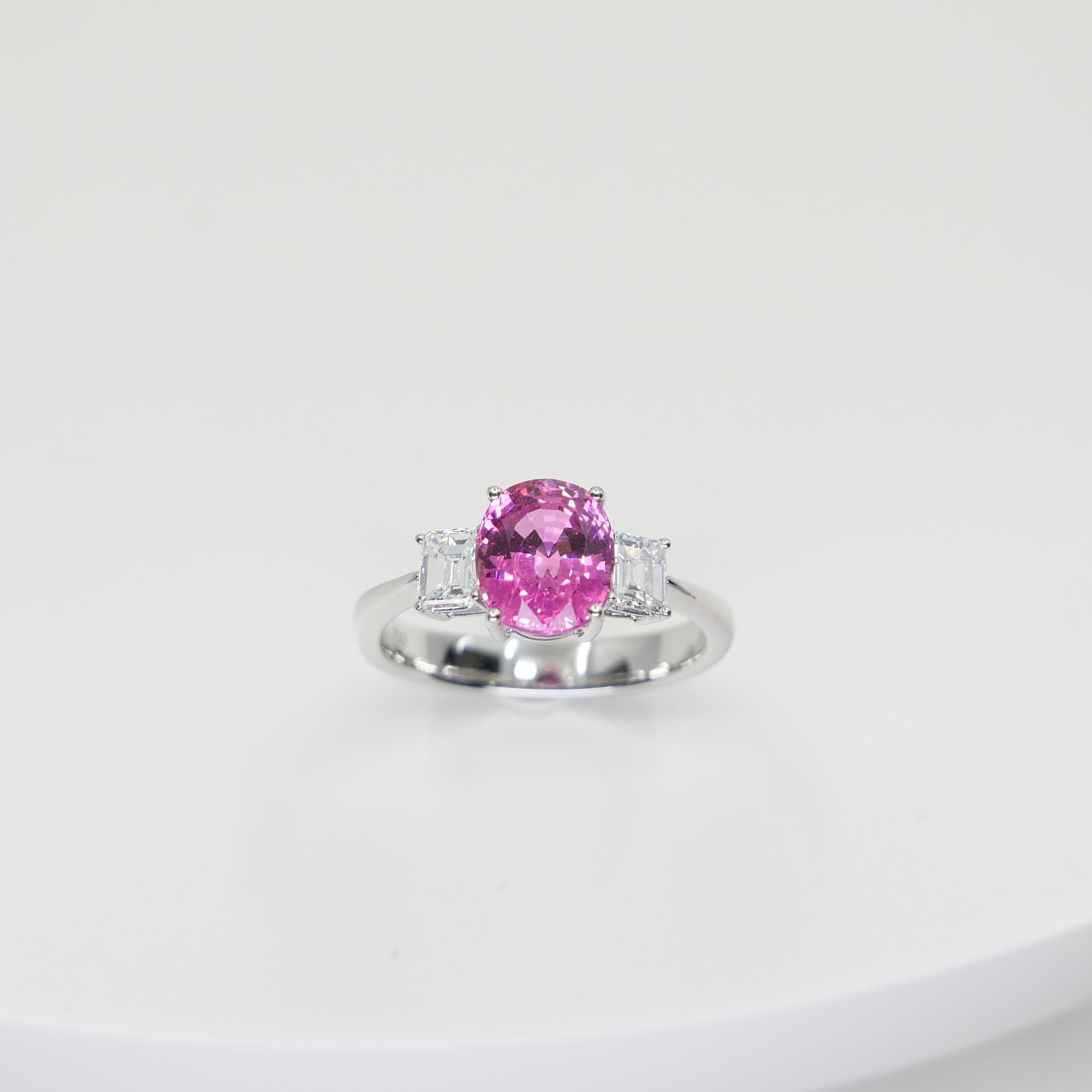 Classic Vivid Pink Sapphire & Diamond Three Stone Ring. Classic. Crazy Color! For Sale 4