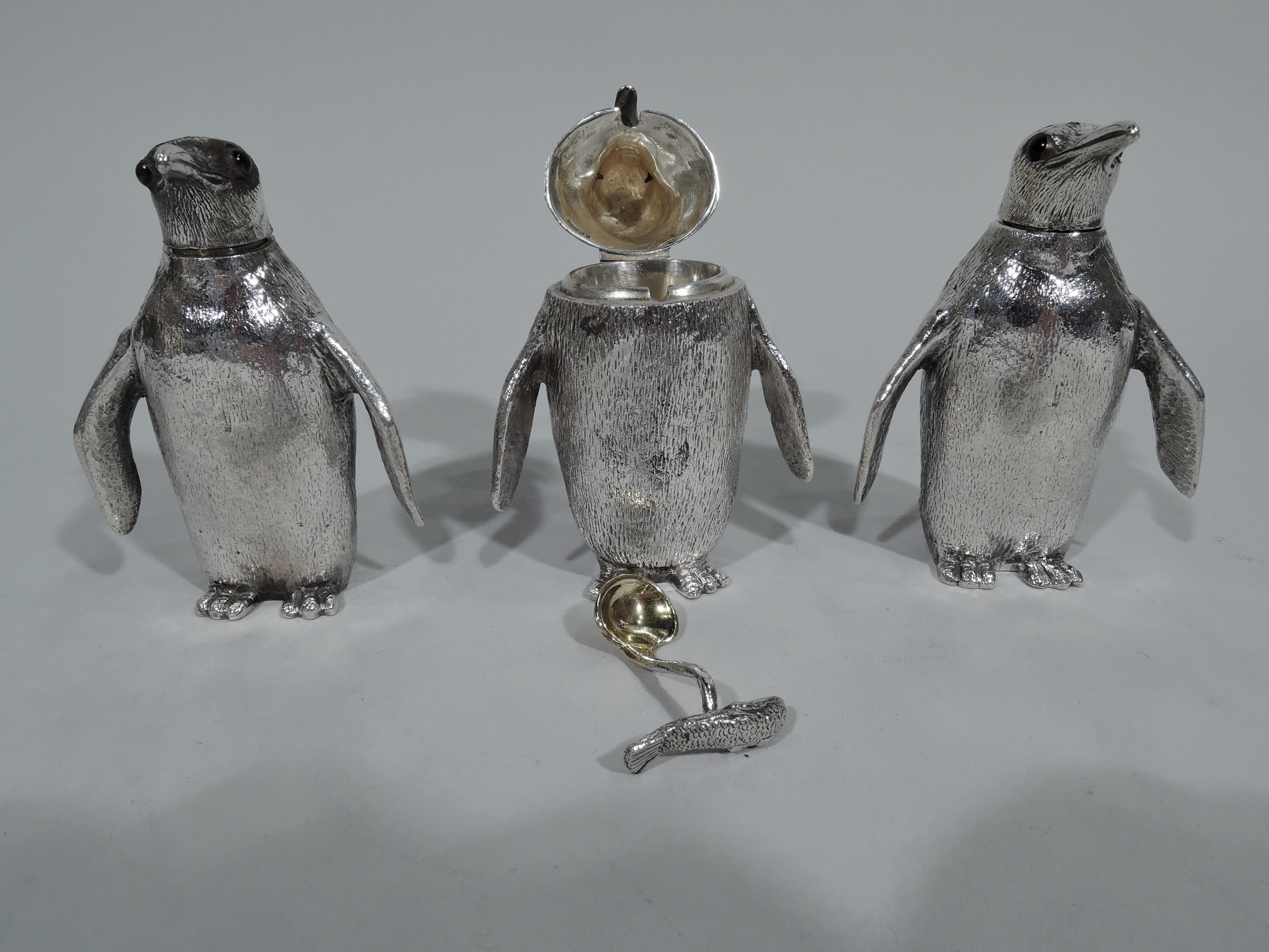 Mid-20th Century Classic Waddling Penguin English Sterling Silver Condiment Set