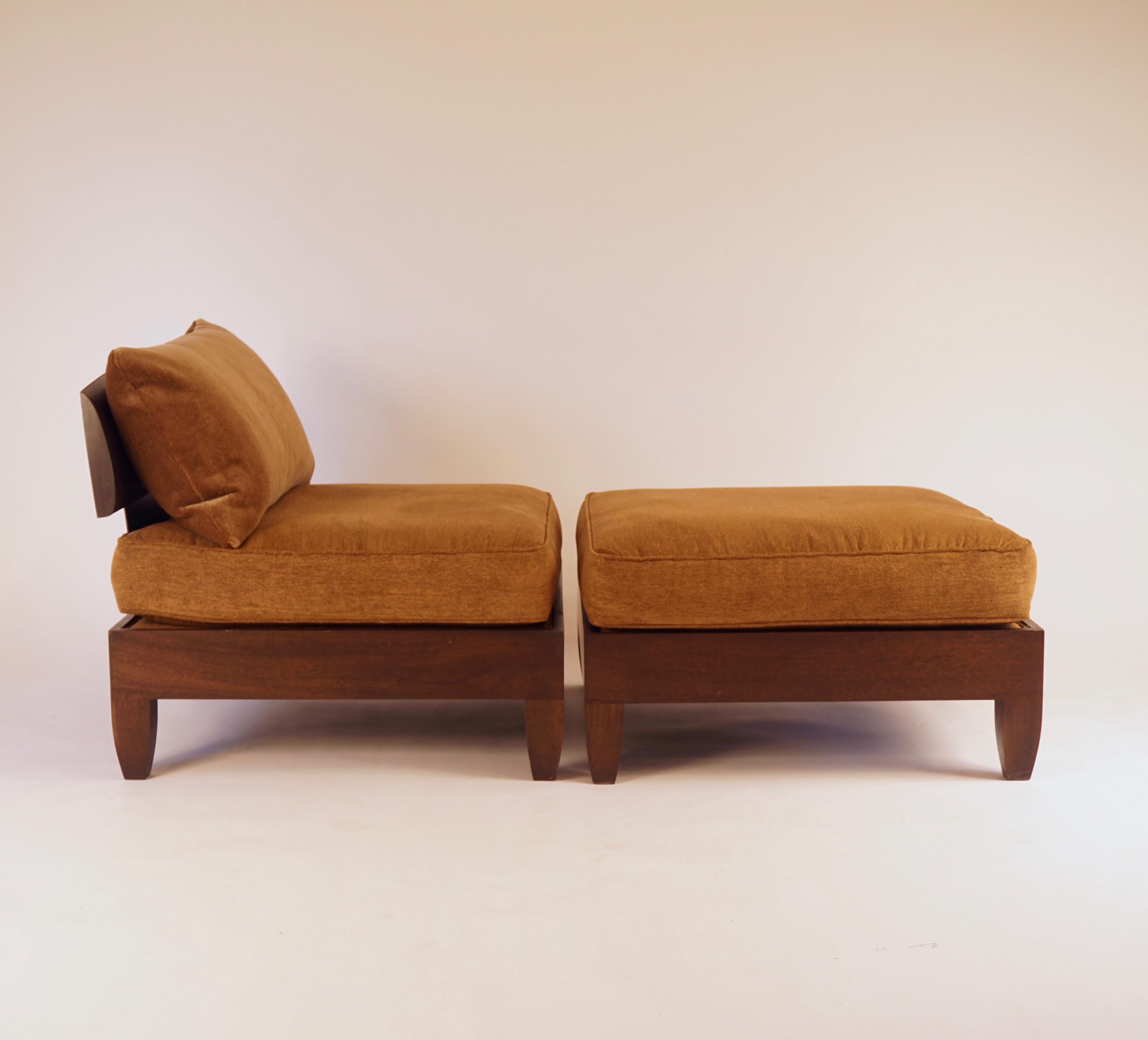 Blackened Classic Walnut Club Chair and Ottoman with Wool Cushions For Sale