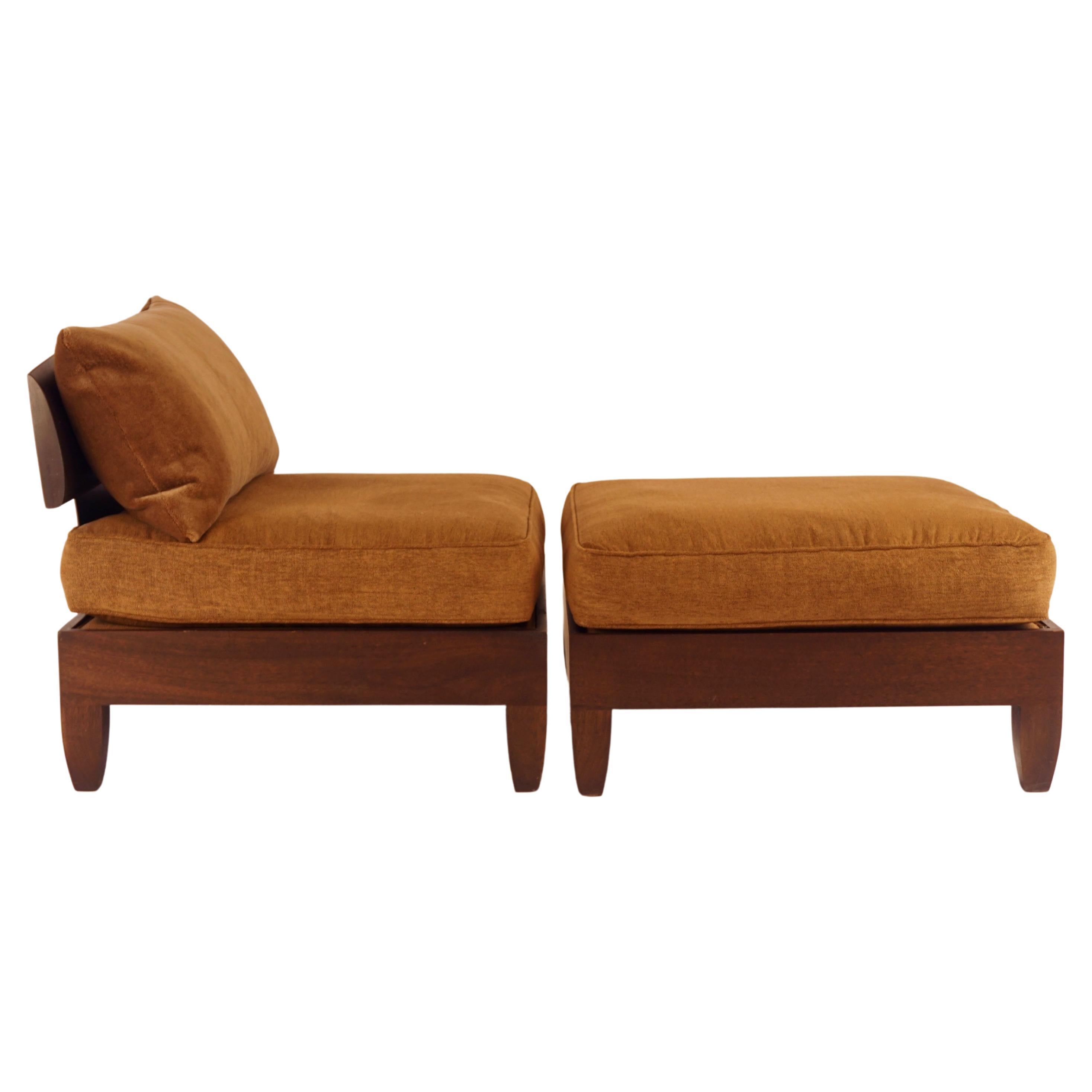 Classic Walnut Club Chair and Ottoman with Wool Cushions