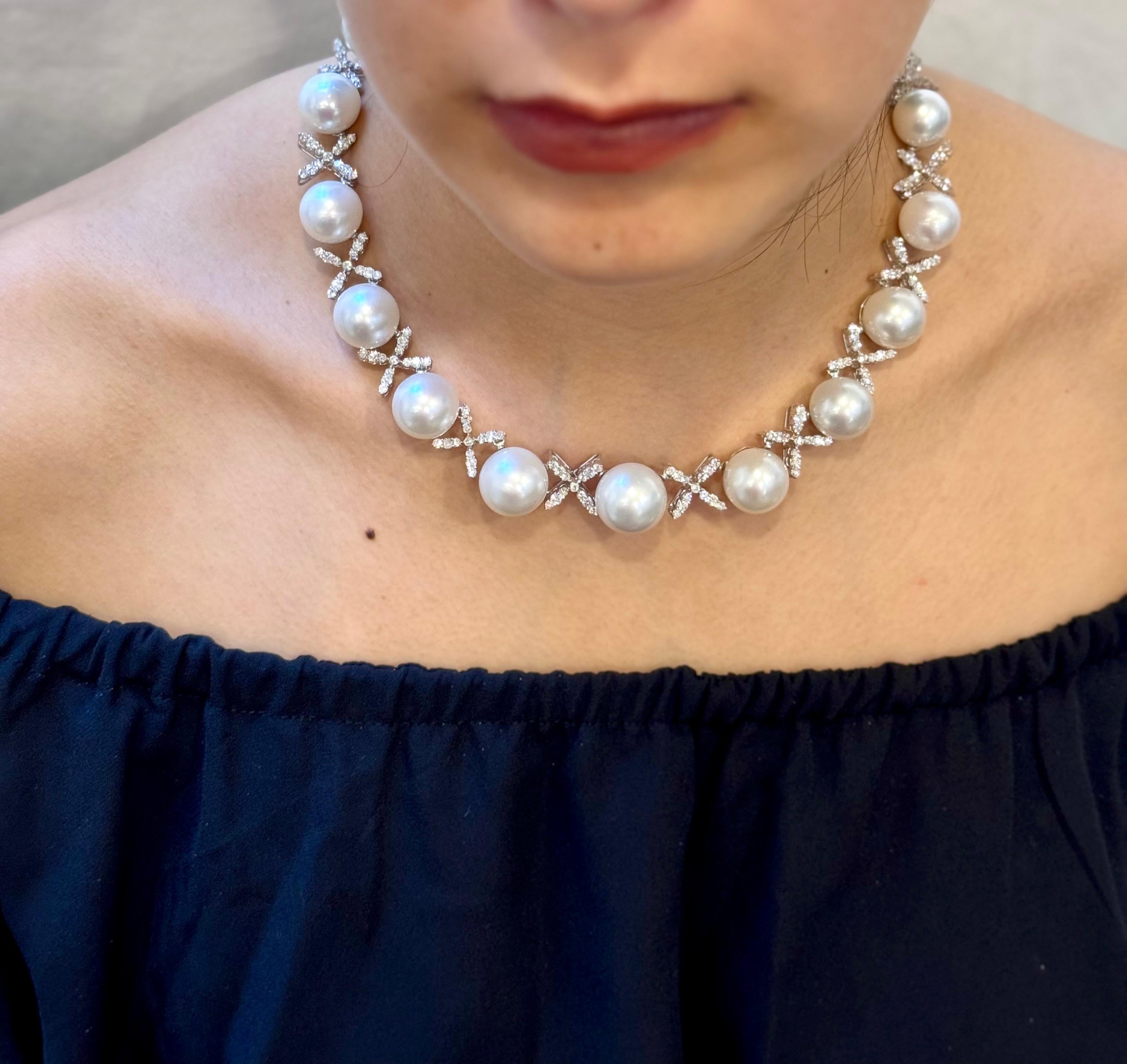 Classic White 12-17 MM  South Sea Cultured Pearl & 20 Ct Diamond Necklace, 17