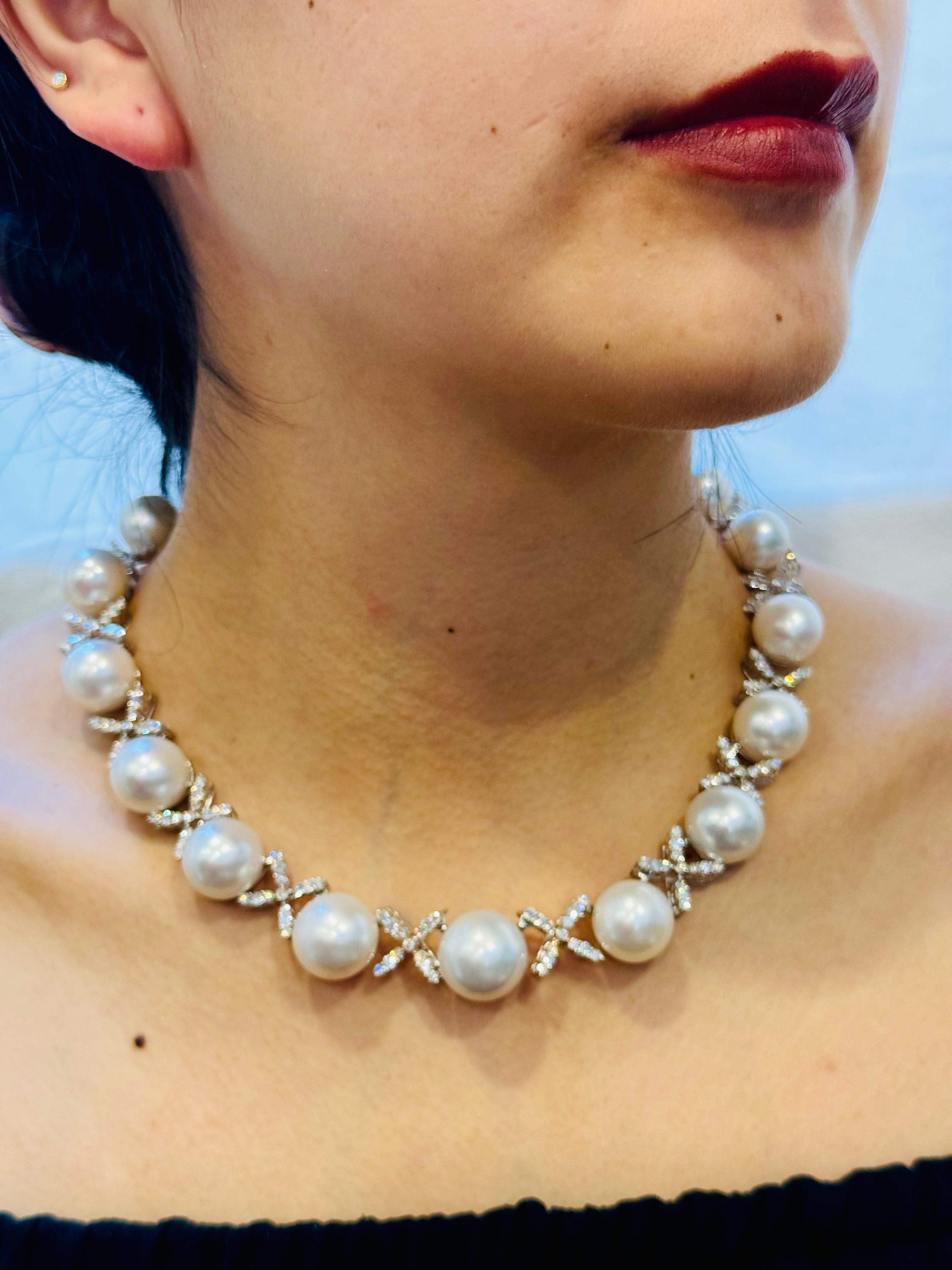 Classic White 12-17 MM  South Sea Cultured Pearl & 20 Ct Diamond Necklace, 17