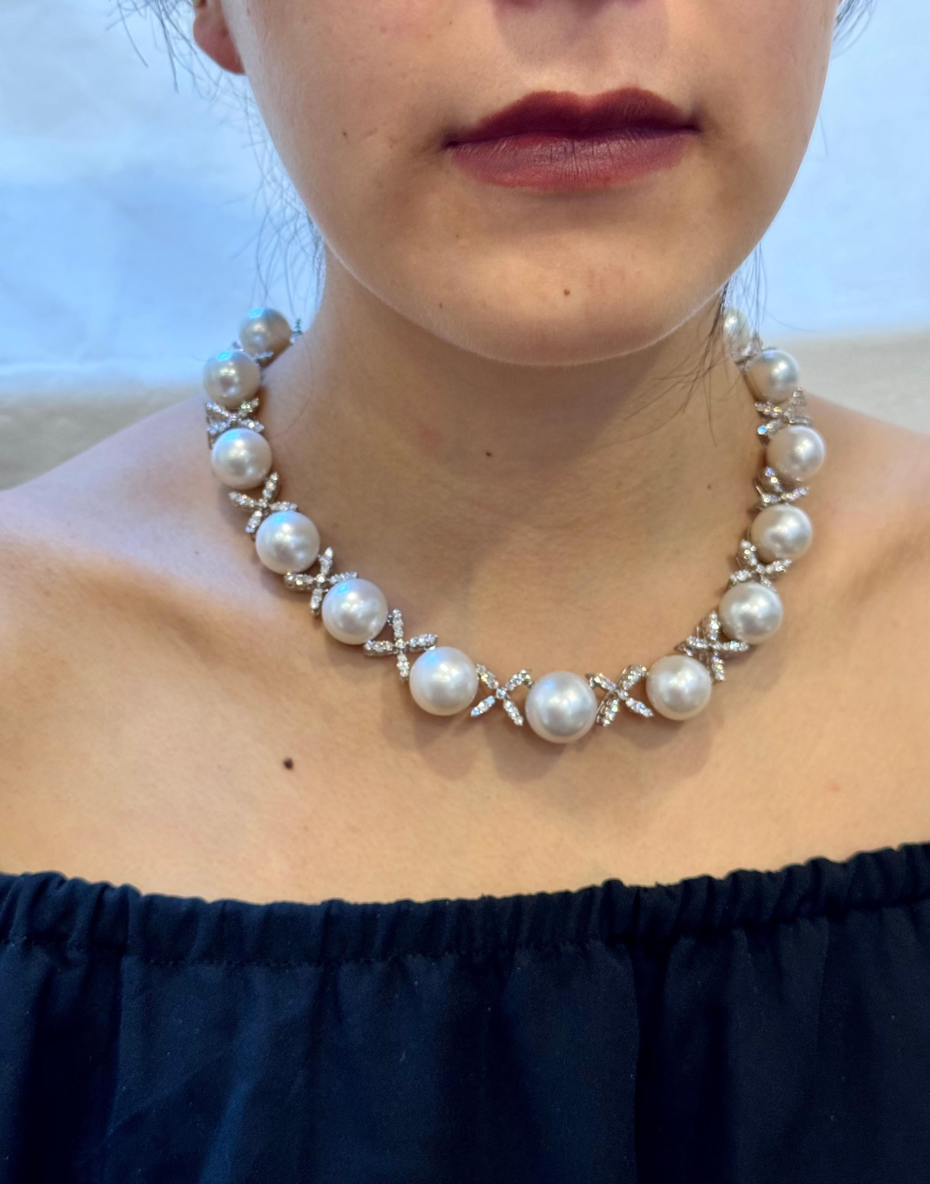 Classic White 12-17 MM  South Sea Cultured Pearl & 20 Ct Diamond Necklace, 17