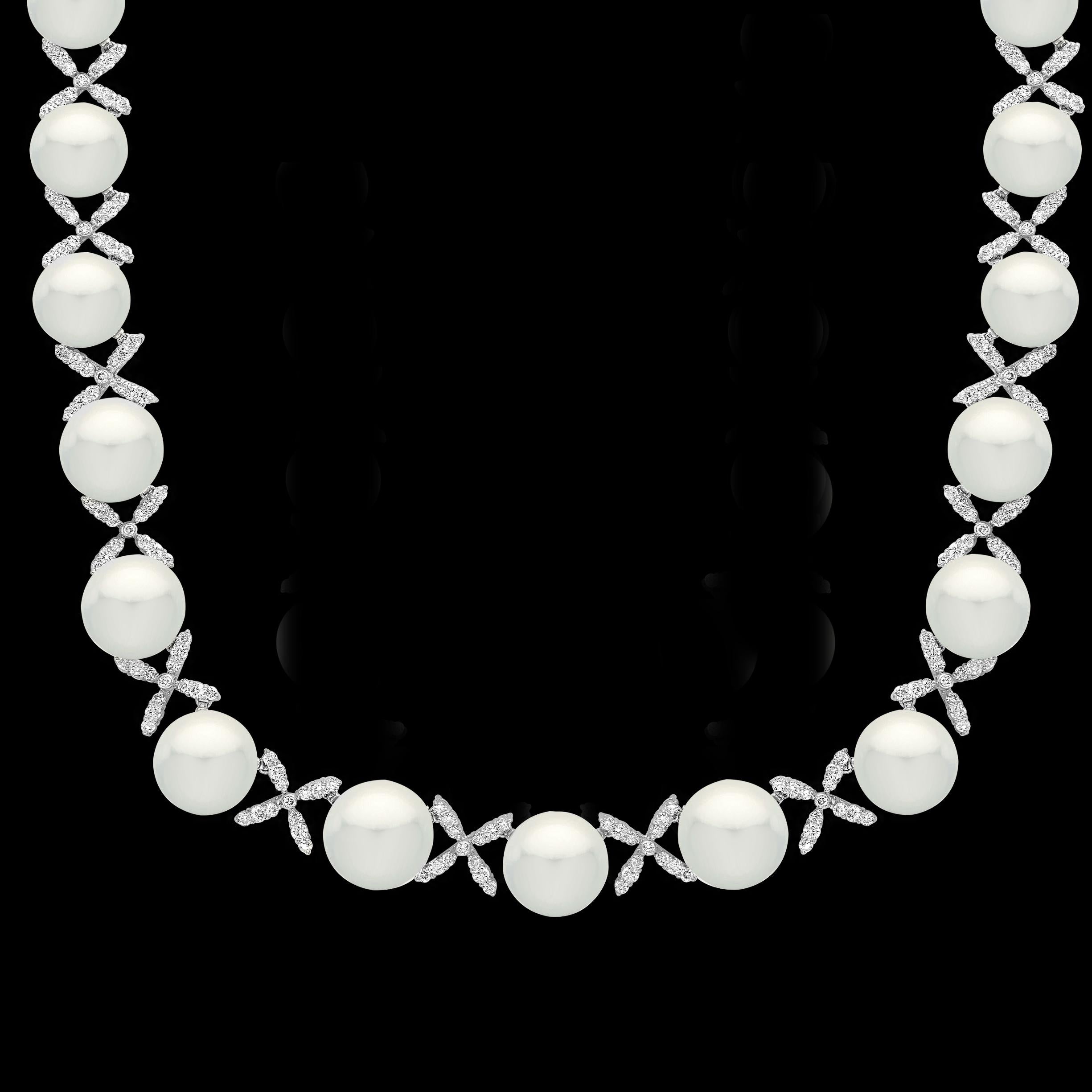 Classic White 12-17 MM  Collier de perles de culture des mers du Sud et de diamants de 20 ct, 17
