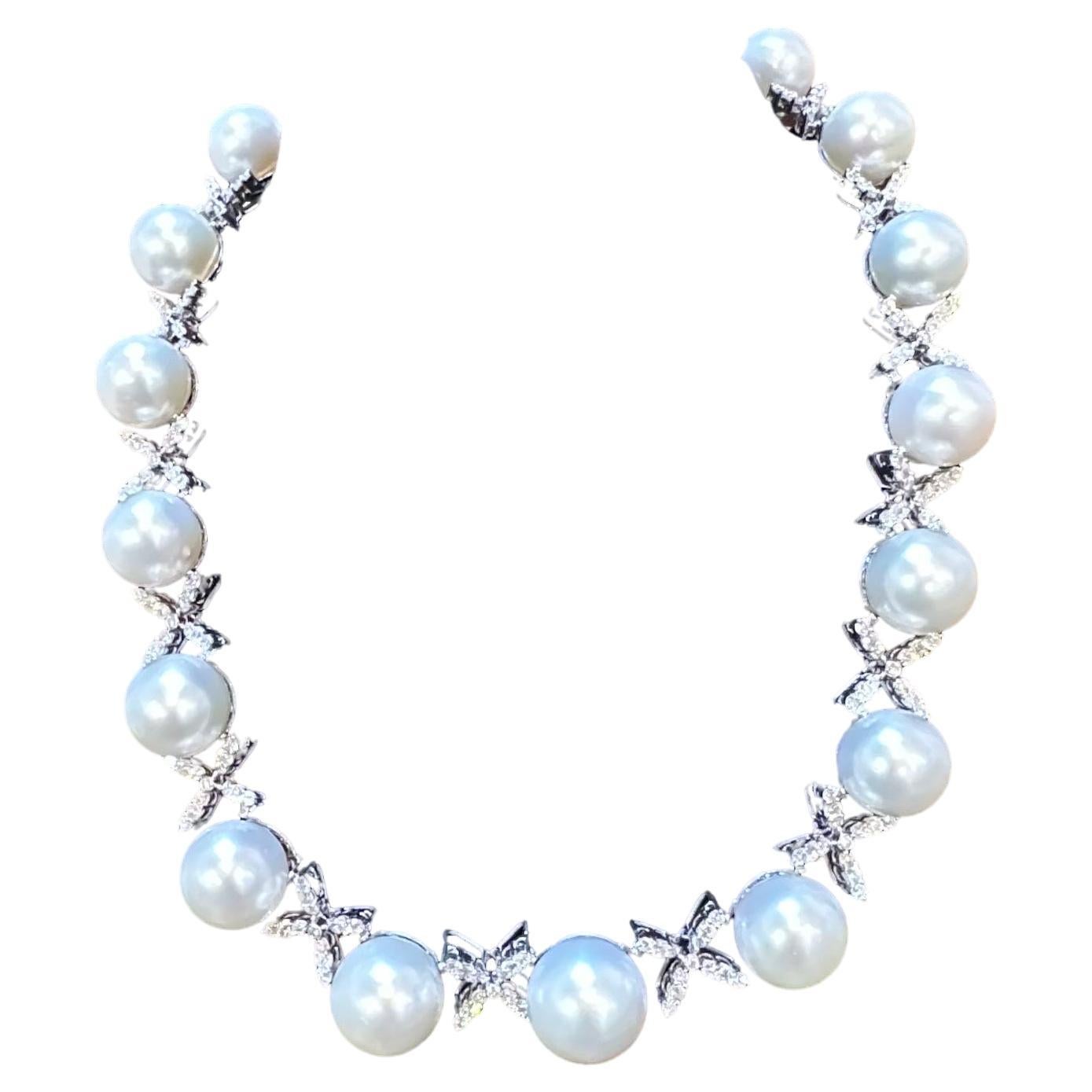 Round Cut Classic White 12-17 MM  South Sea Cultured Pearl & 20 Ct Diamond Necklace, 17