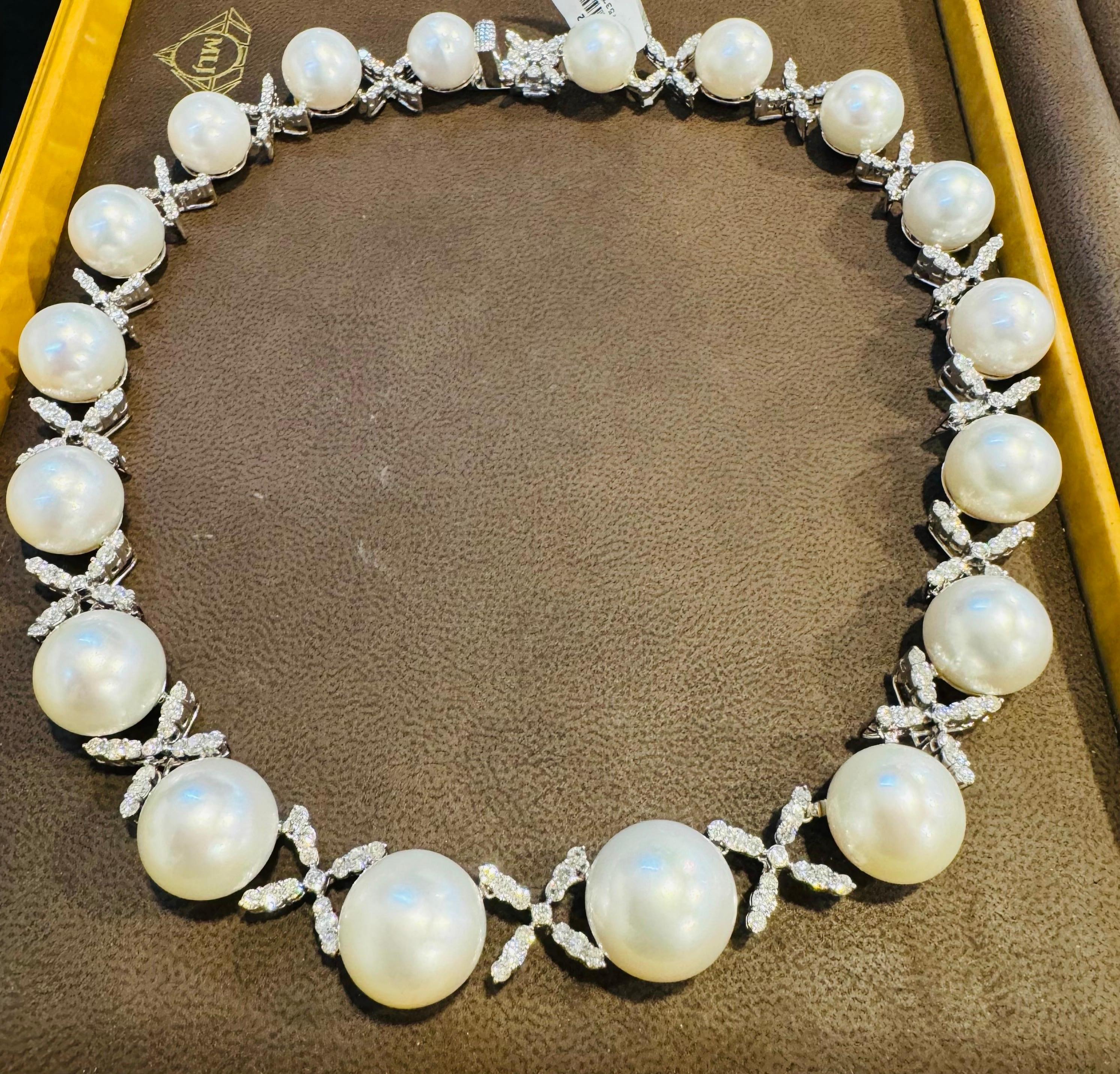Women's Classic White 12-17 MM  South Sea Cultured Pearl & 20 Ct Diamond Necklace, 17
