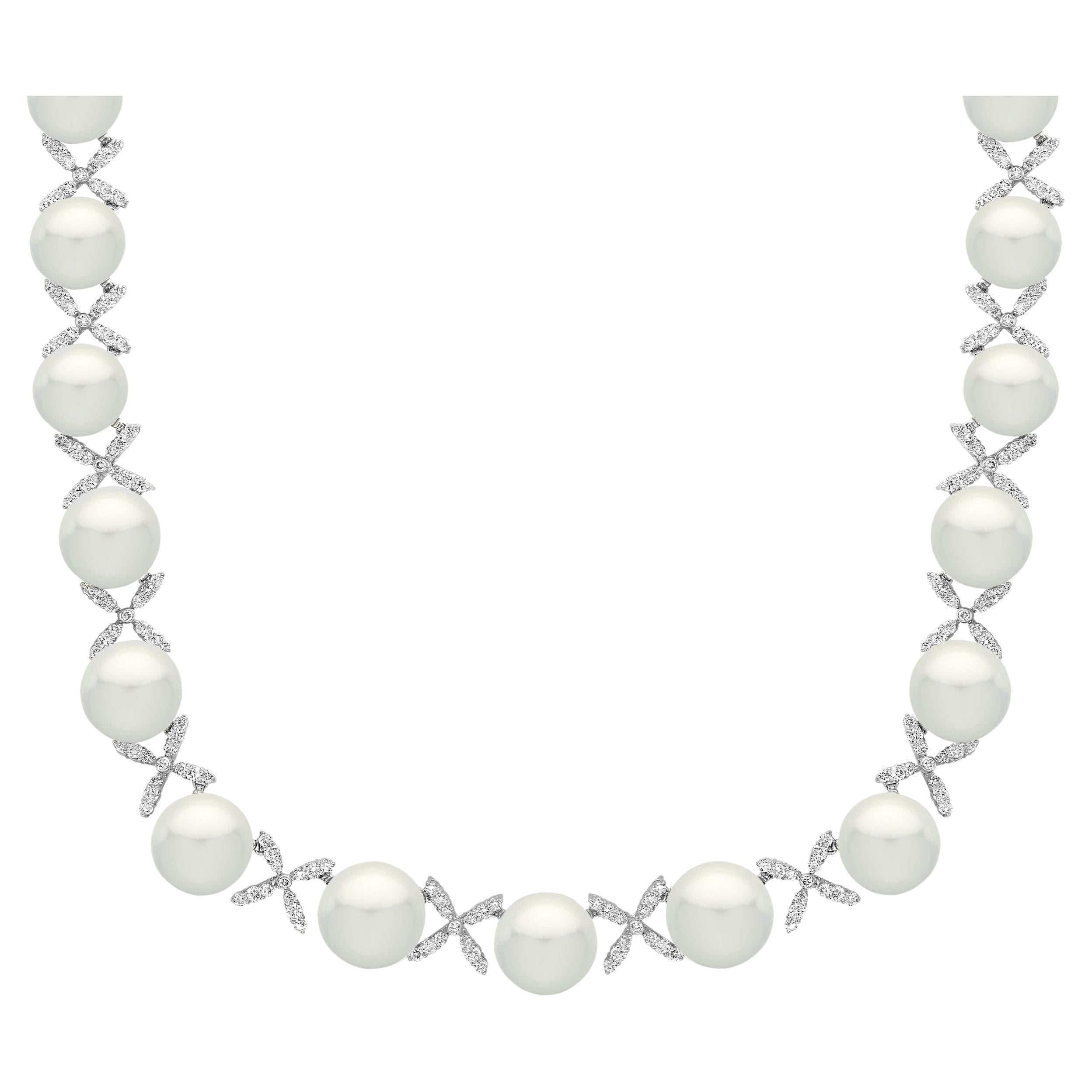Classic White 12-17 MM  South Sea Cultured Pearl & 20 Ct Diamond Necklace, 17" For Sale