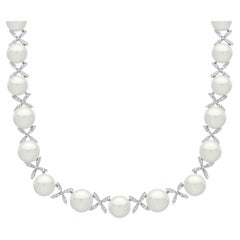 Retro Classic White 12-17 MM  South Sea Cultured Pearl & 20 Ct Diamond Necklace, 17"