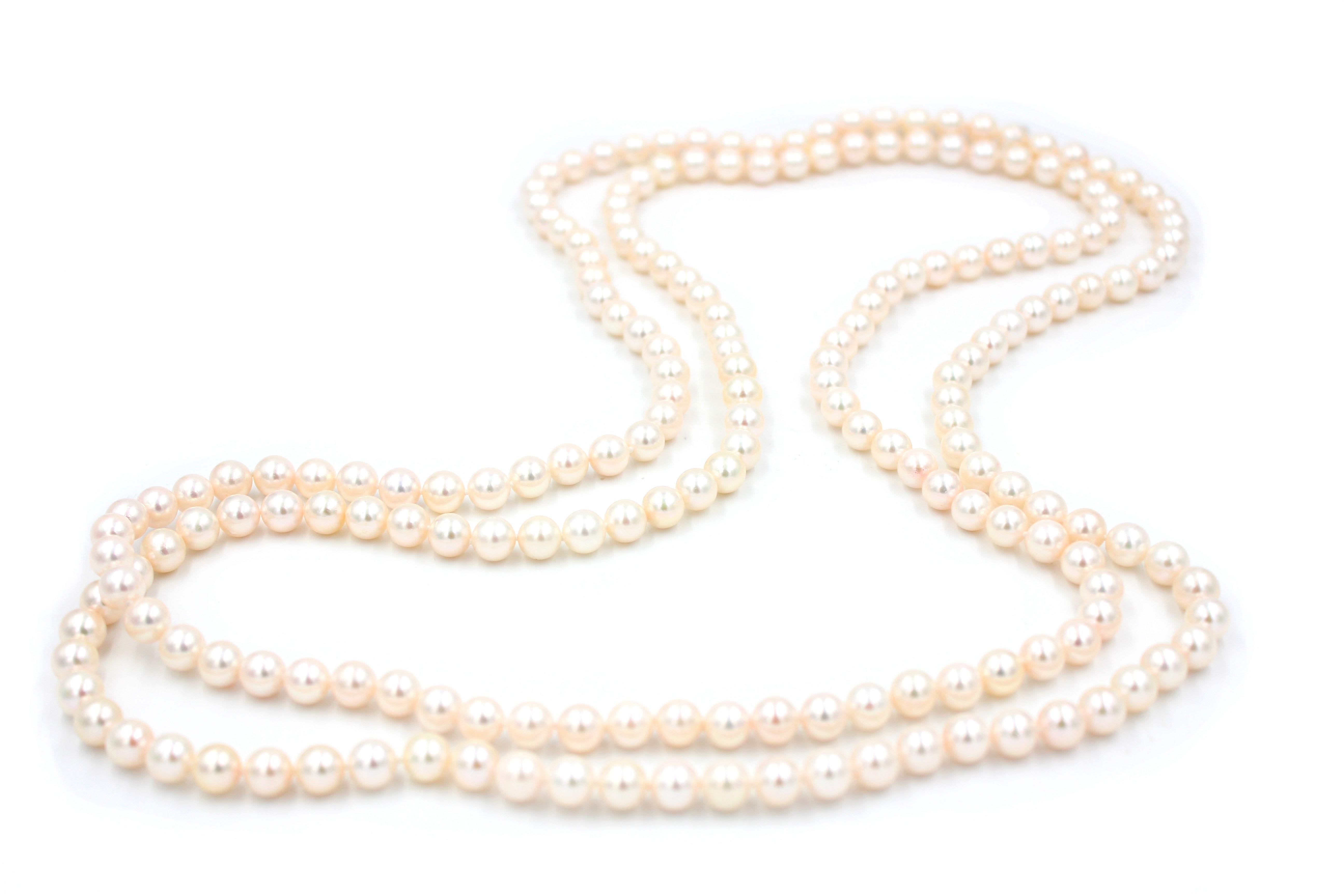Round Cut Classic White Cultured Japanese Akoya Opera Pearl Luxury Necklace 30 inches Long For Sale