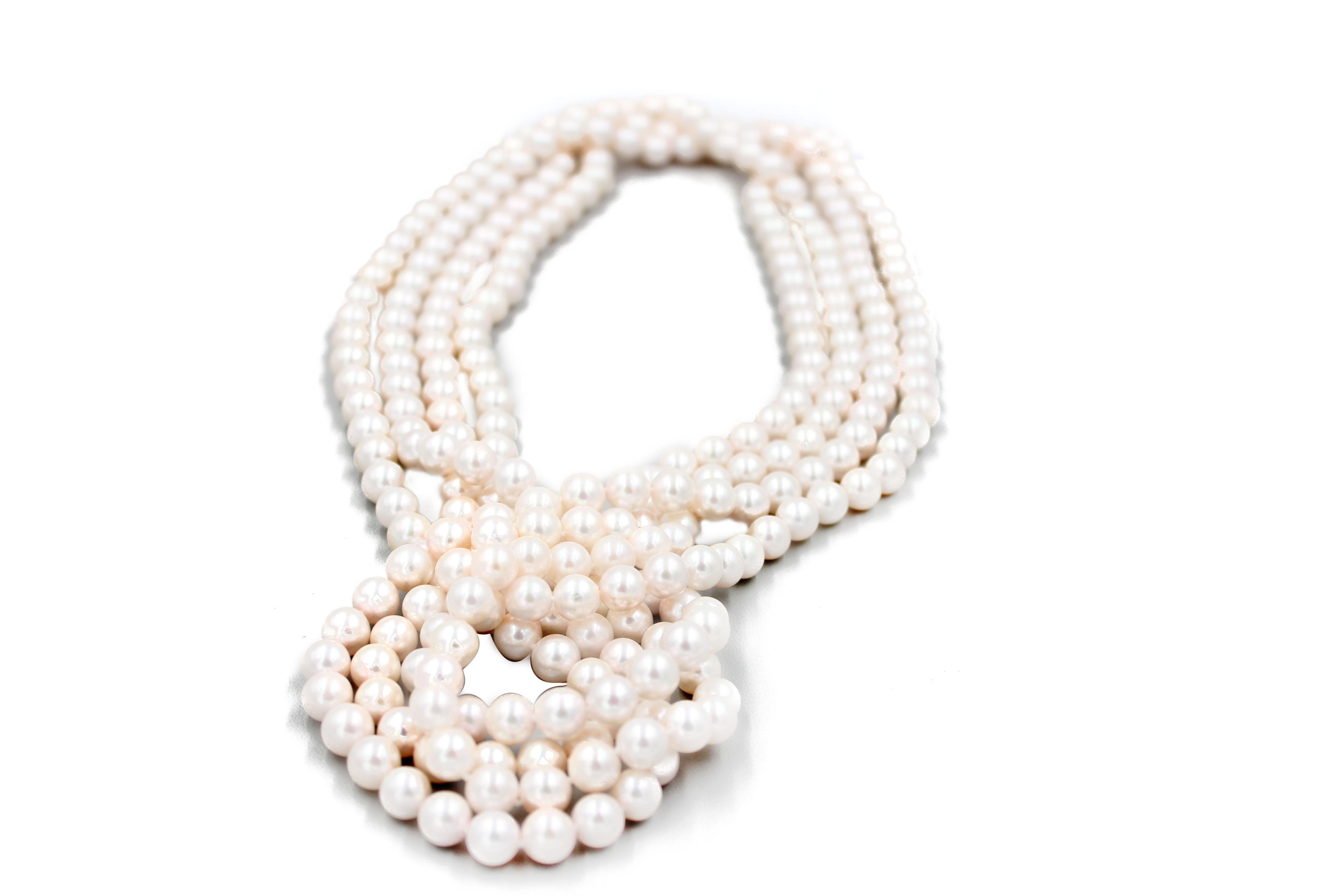 Round Cut Classic White Cultured Japanese Akoya Pearl Luxury Glow Necklace 48 inches Long For Sale