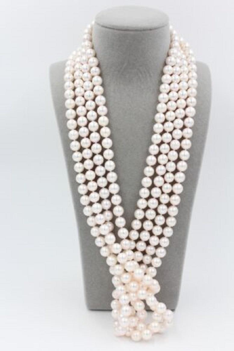 Classic White Cultured Japanese Akoya Pearl Luxury Glow Necklace 48 inches Long In New Condition For Sale In Oakton, VA