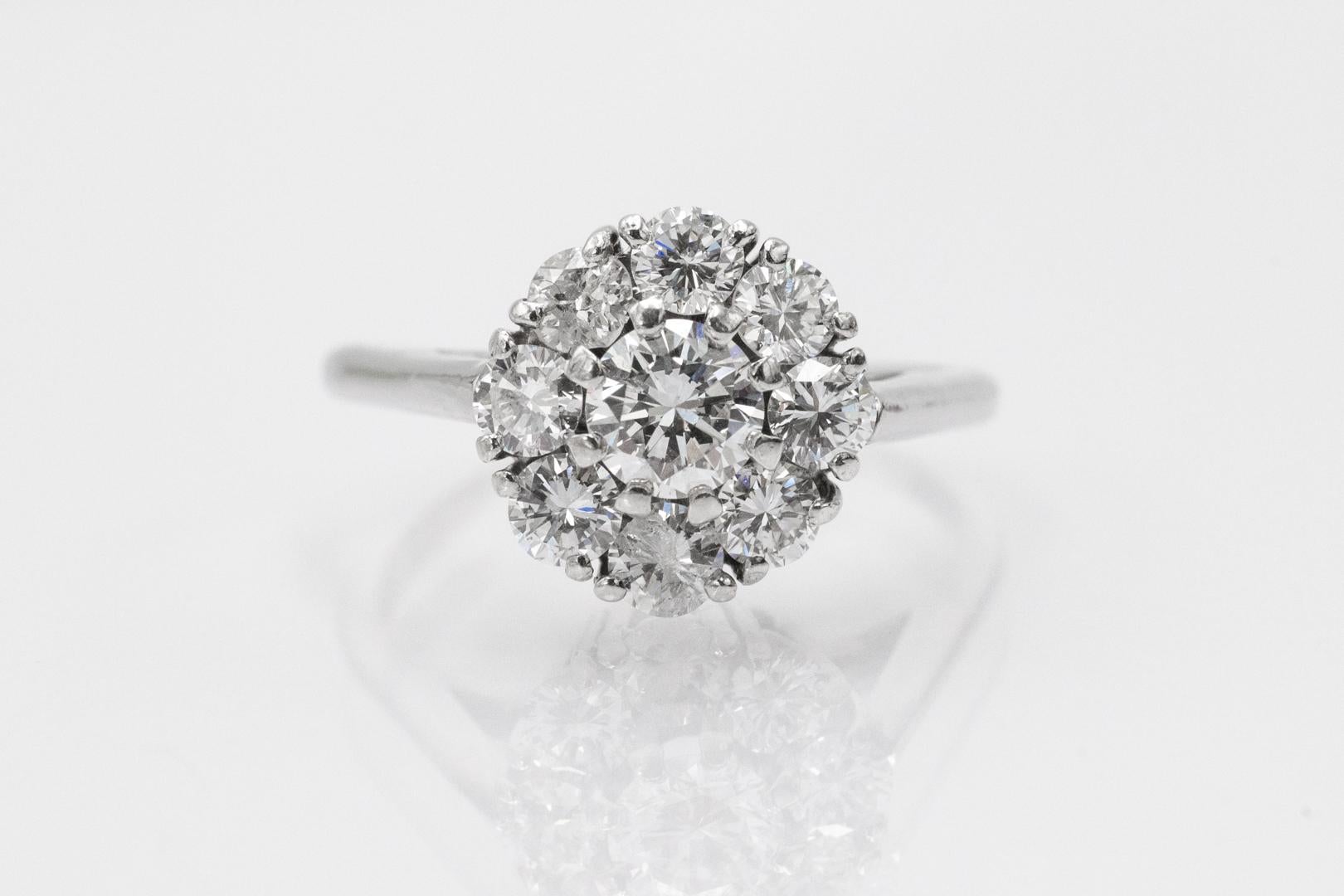 Ein Ring in Form einer karminroten Diamantblüte, gefertigt aus 18 Karat Weißgold mit Platinfassung.

Herkunft: Westeuropa, zweite Hälfte des 20. Jahrhunderts

Der Ring ist mit neun außergewöhnlich reinen Diamanten (Farbe H, Reinheit VS-SI) im