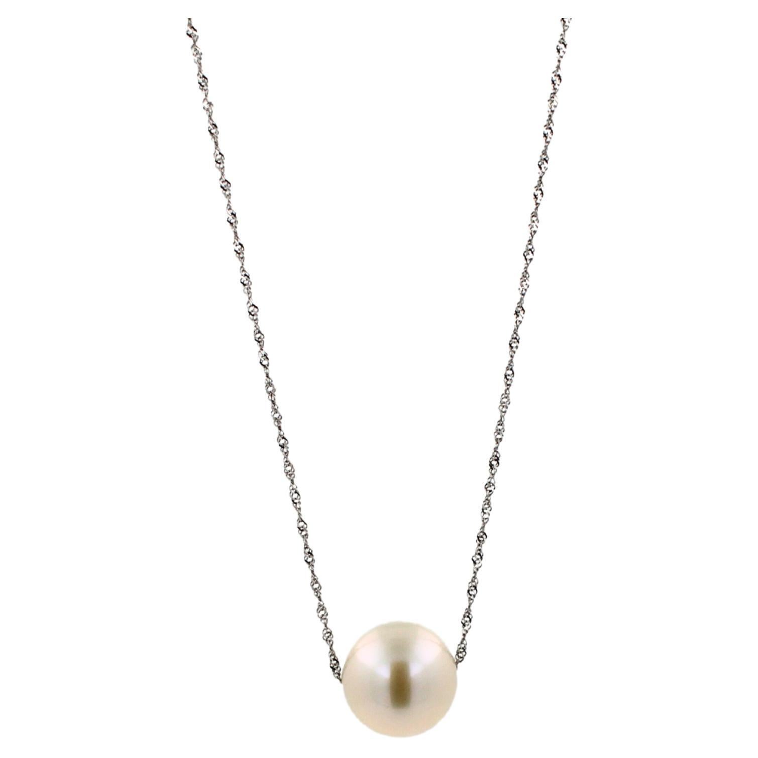 Classic White Pearl 14 Karat White Gold Dainty Chain Pendant Charm Necklace For Sale