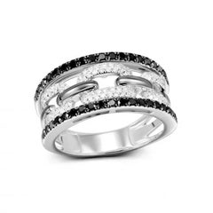 Classic Wide Black White Diamond 18K White Gold Ring for Her