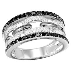 Classic Wide Black White Diamond 18K White Gold Ring for Her