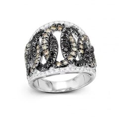 Classic Wide Cognac Black White Diamond 18K White Gold Ring for Her