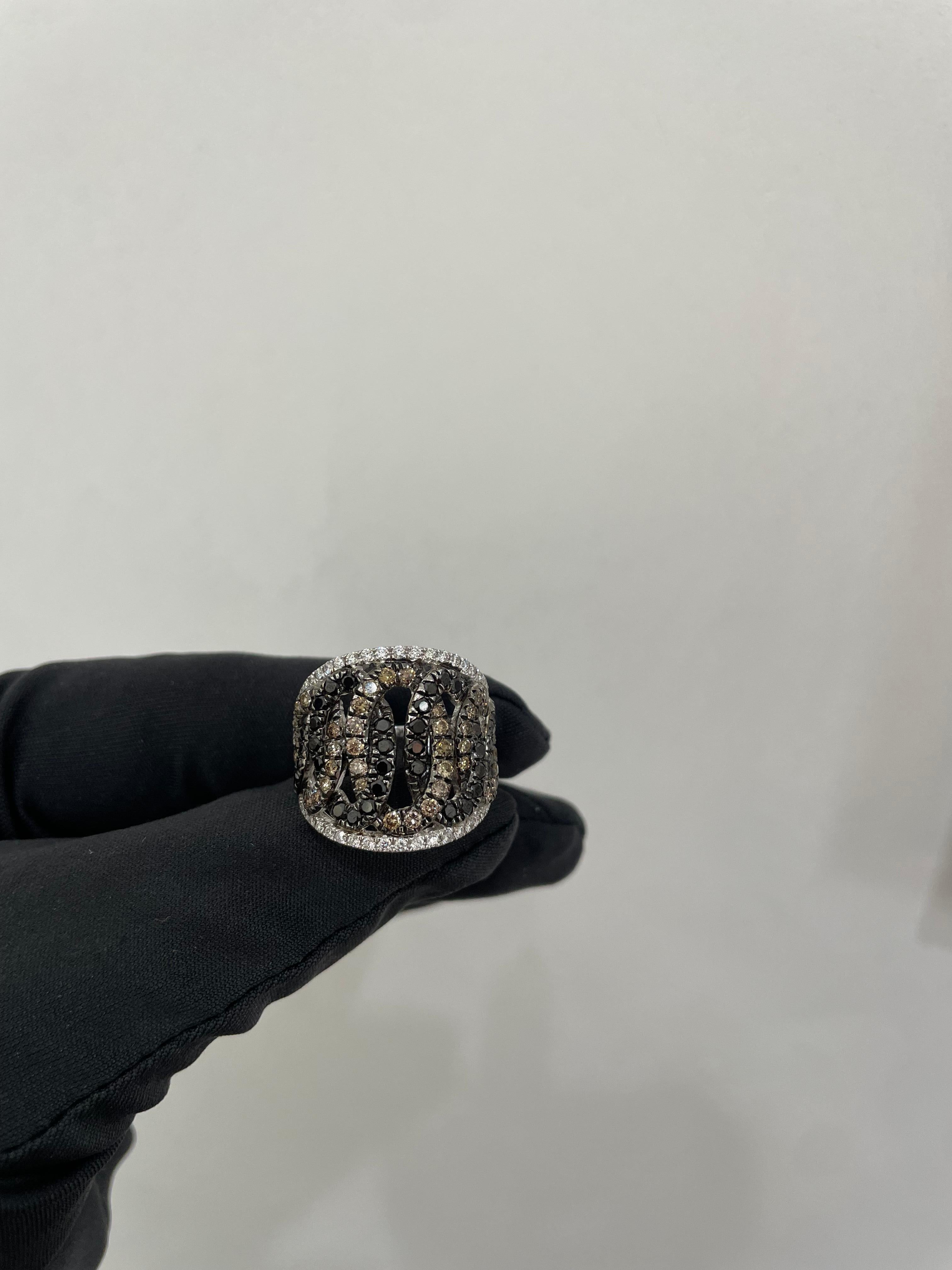Antique Cushion Cut Classic Wide Cognac Black White Diamond 18K White Gold Ring for Her For Sale