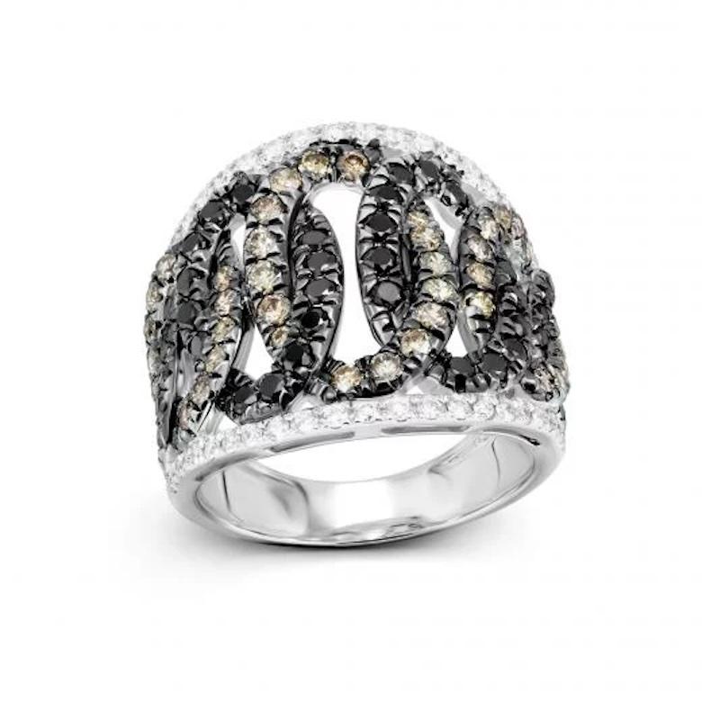 Classic Wide Cognac Black White Diamond 18K White Gold Ring for Her In New Condition For Sale In Genève, GE
