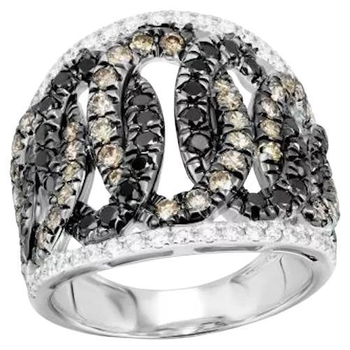 Classic Wide Cognac Black White Diamond 18K White Gold Ring for Her For Sale