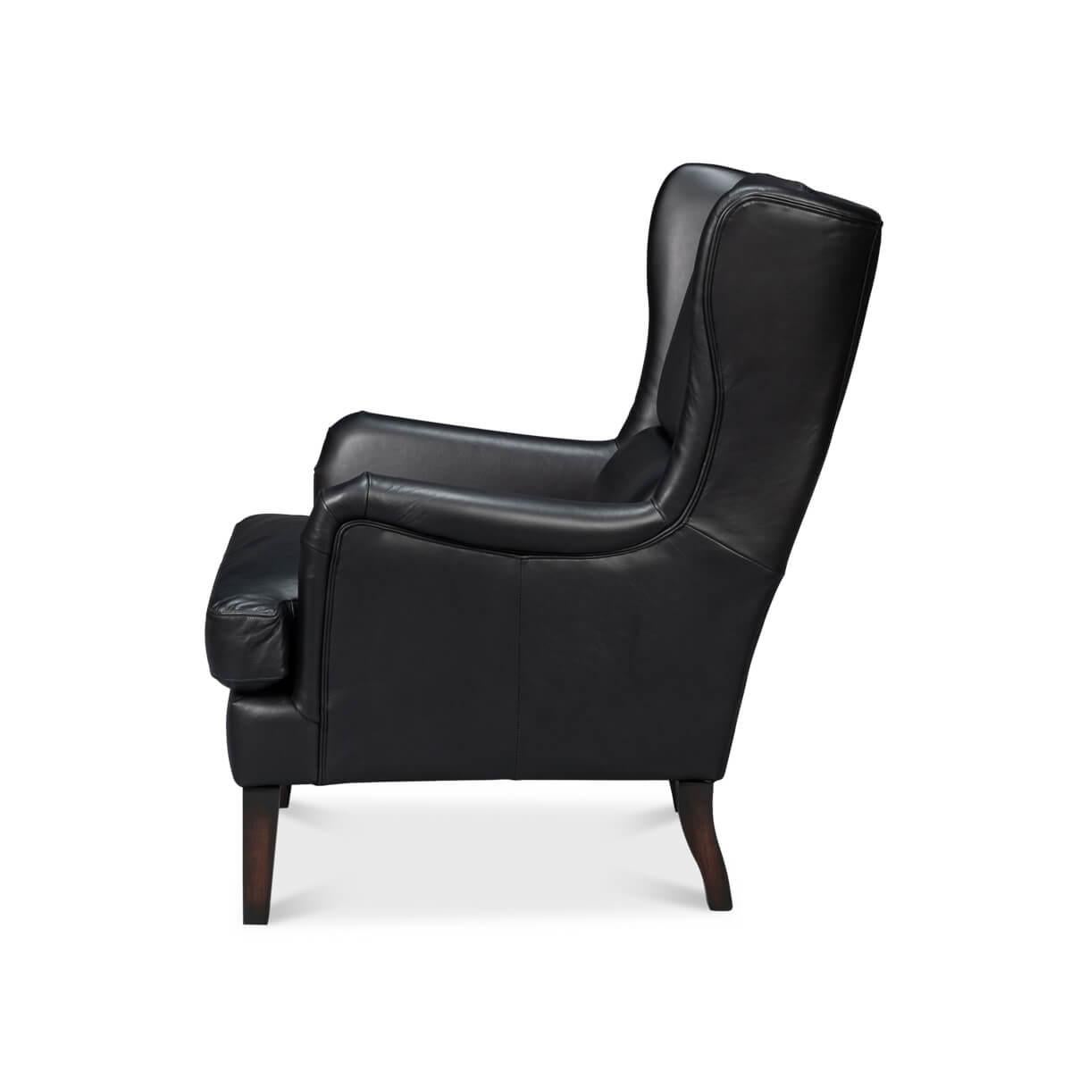 American Classical Classic Wingback Black Leather Chair For Sale