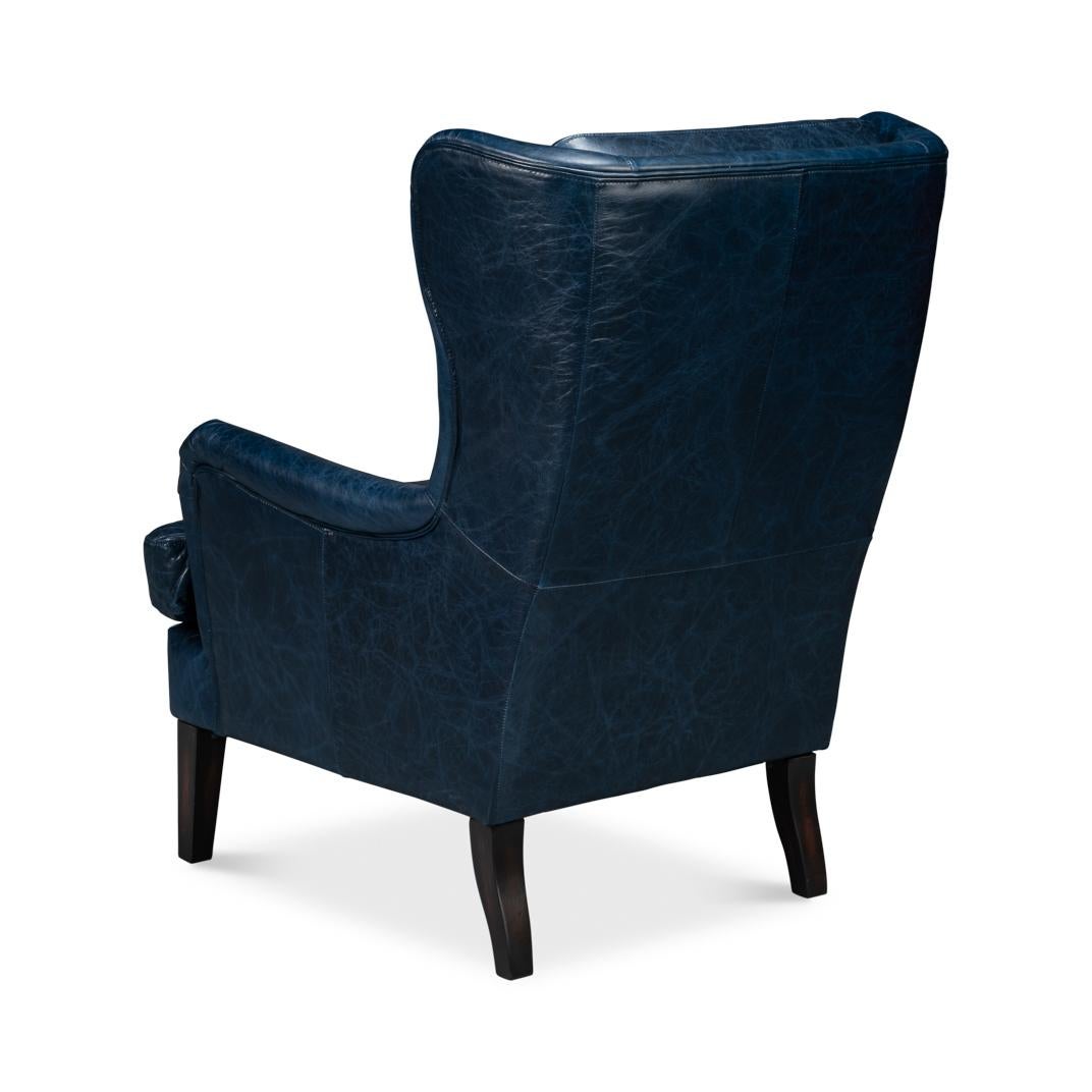 Asian Classic Wingback Leather Chair Chateau Blue For Sale