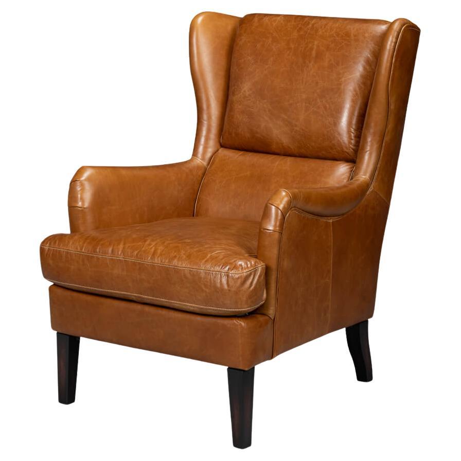 Classic Wingback Leather Chair Cuban Brown For Sale