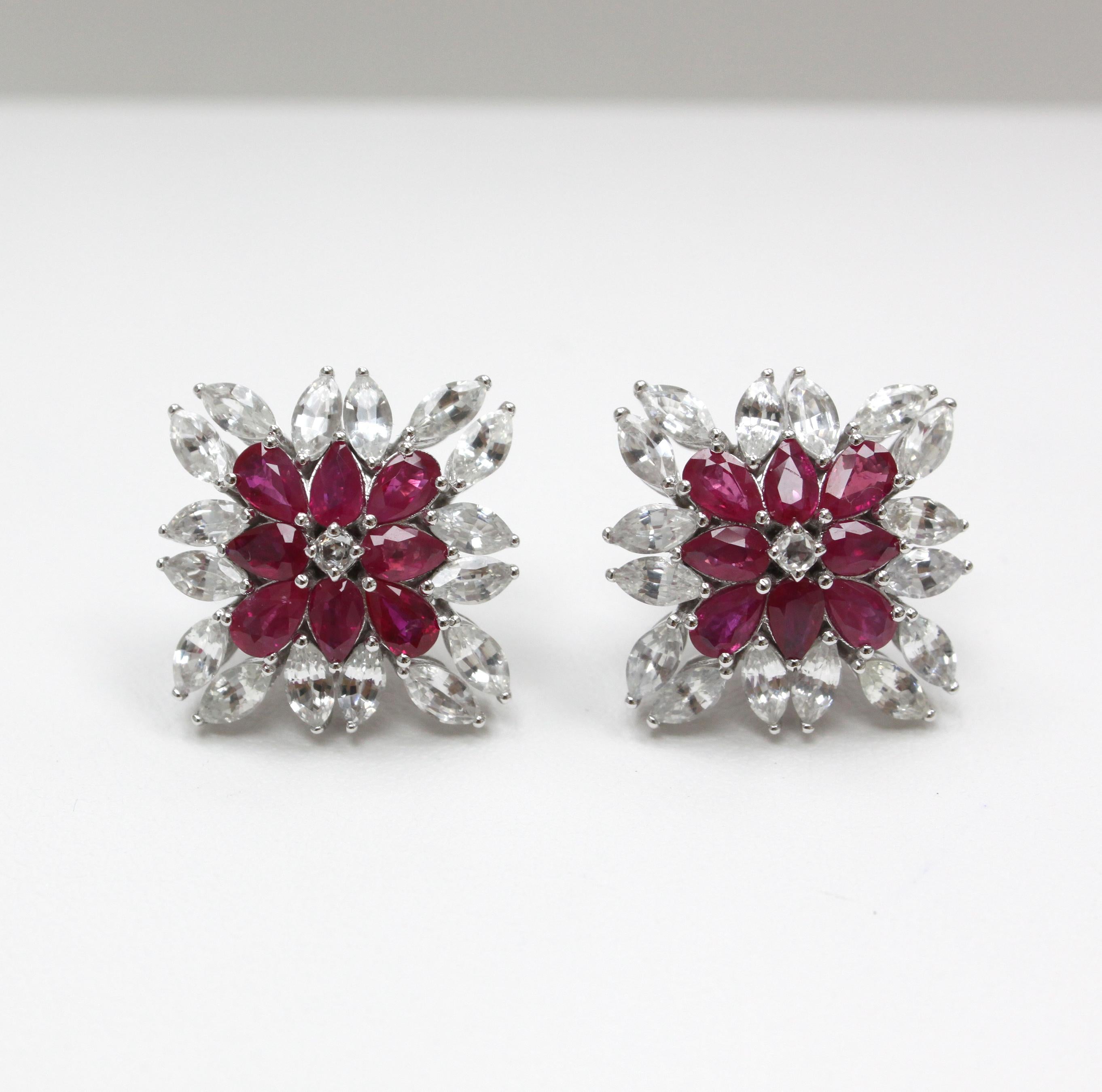 Art Deco Classic with a Twist: Ruby Sapphire Gemstone Earrings in 14K White Gold For Sale