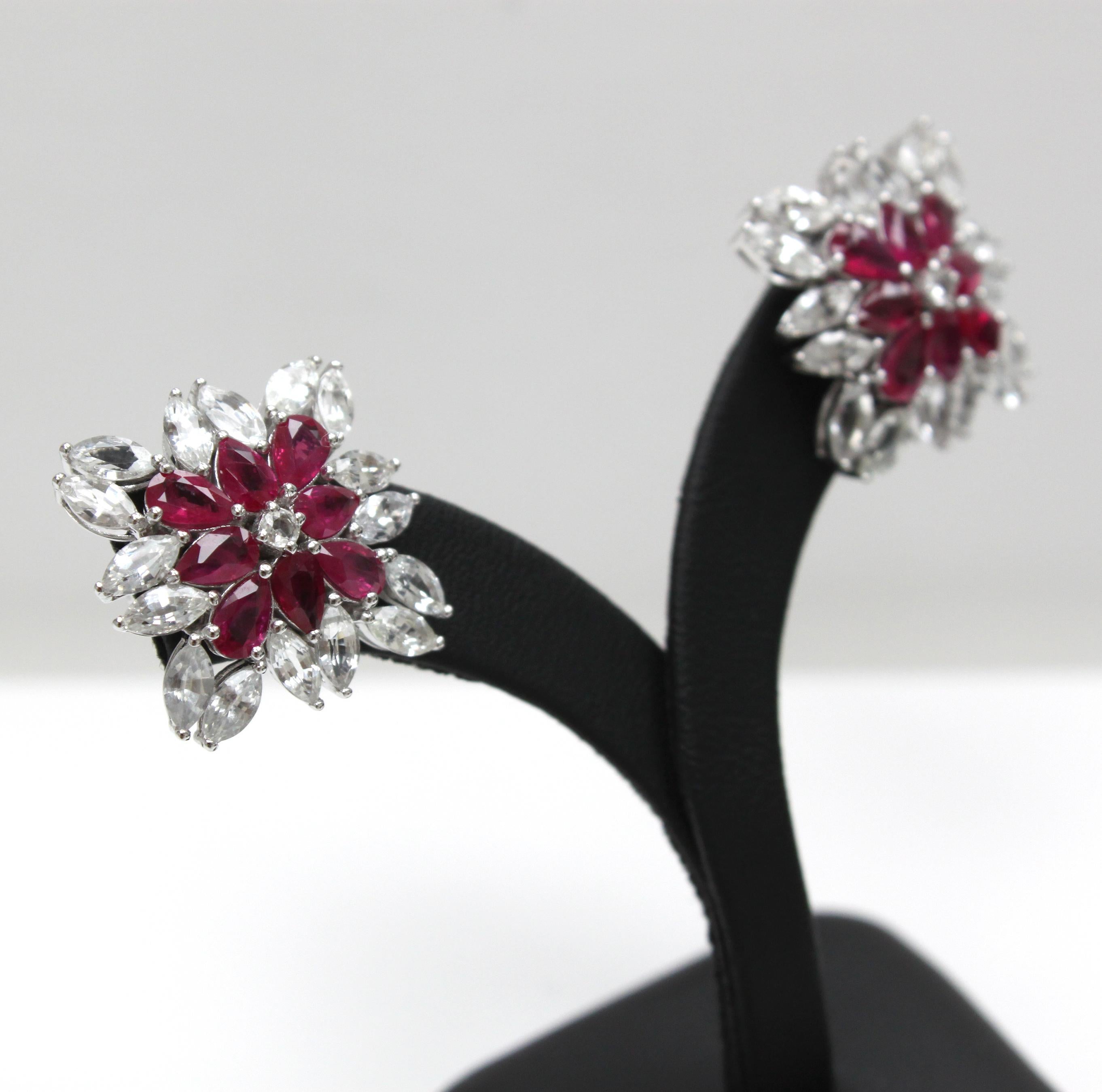 Classic with a Twist: Ruby Sapphire Gemstone Earrings in 14K White Gold In New Condition For Sale In Bangkok, TH