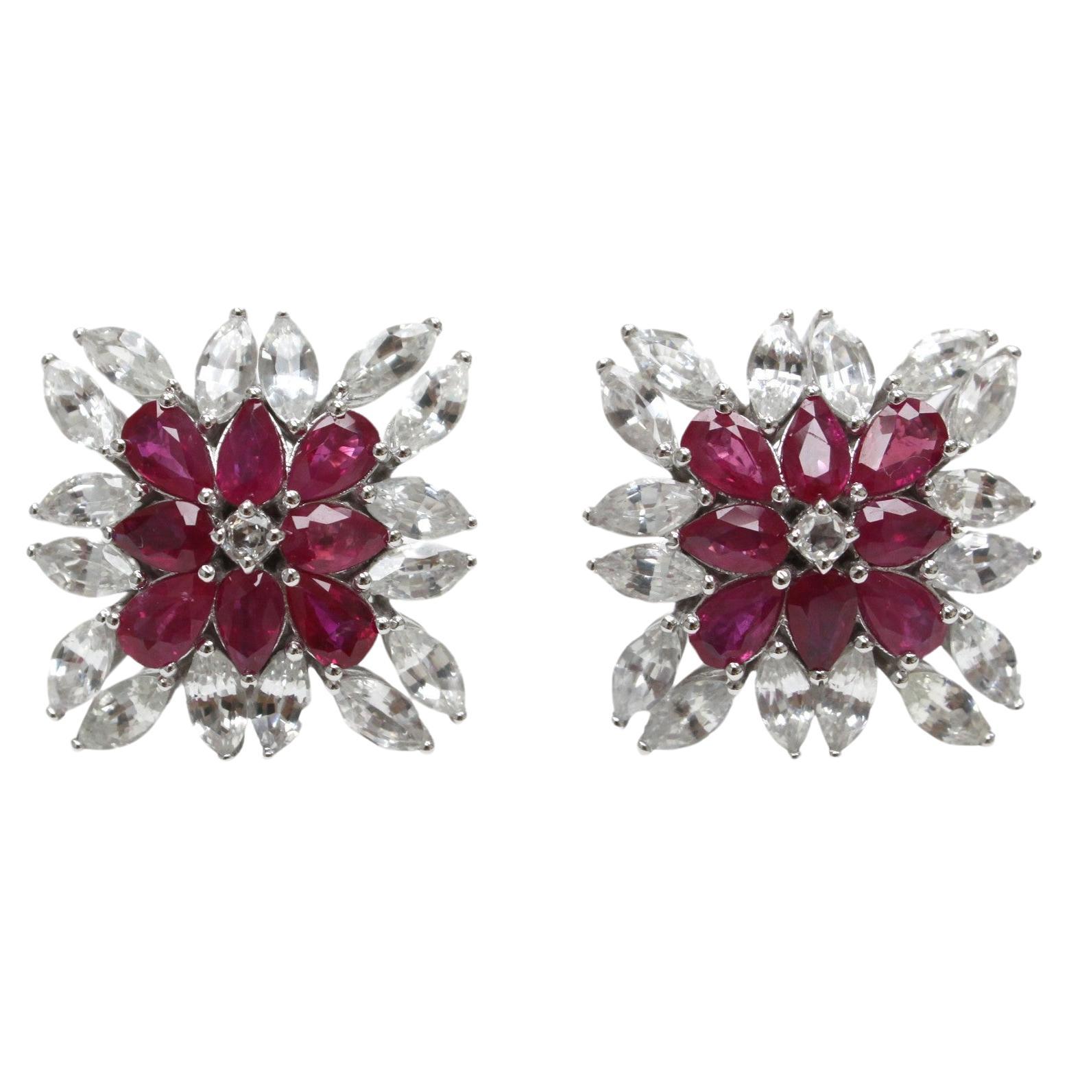 Classic with a Twist: Ruby Sapphire Gemstone Earrings in 14K White Gold For Sale