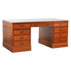 Scrivania classica in legno in stile inglese con 4 cassetti e piano in pelle blu