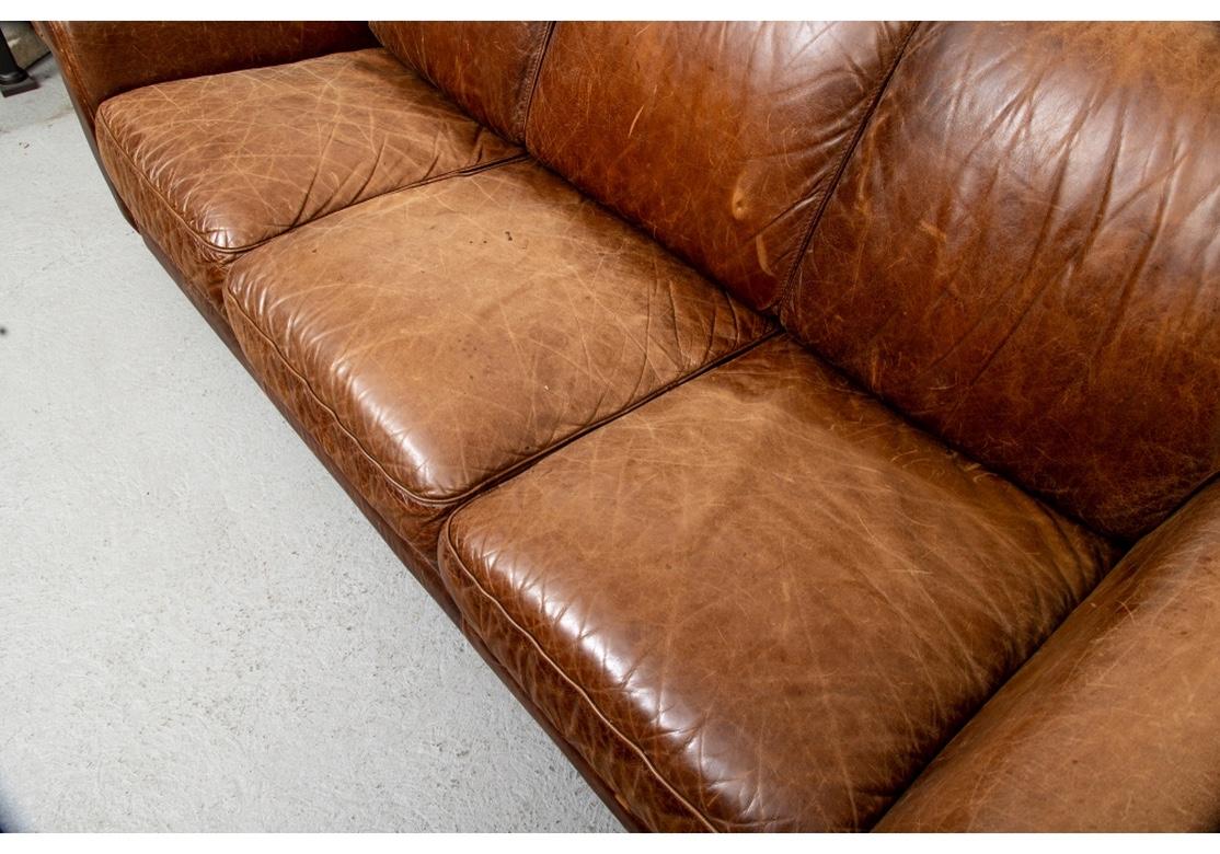 Hollywood Regency Classic Worn Leather Three Seat Sofa For Sale