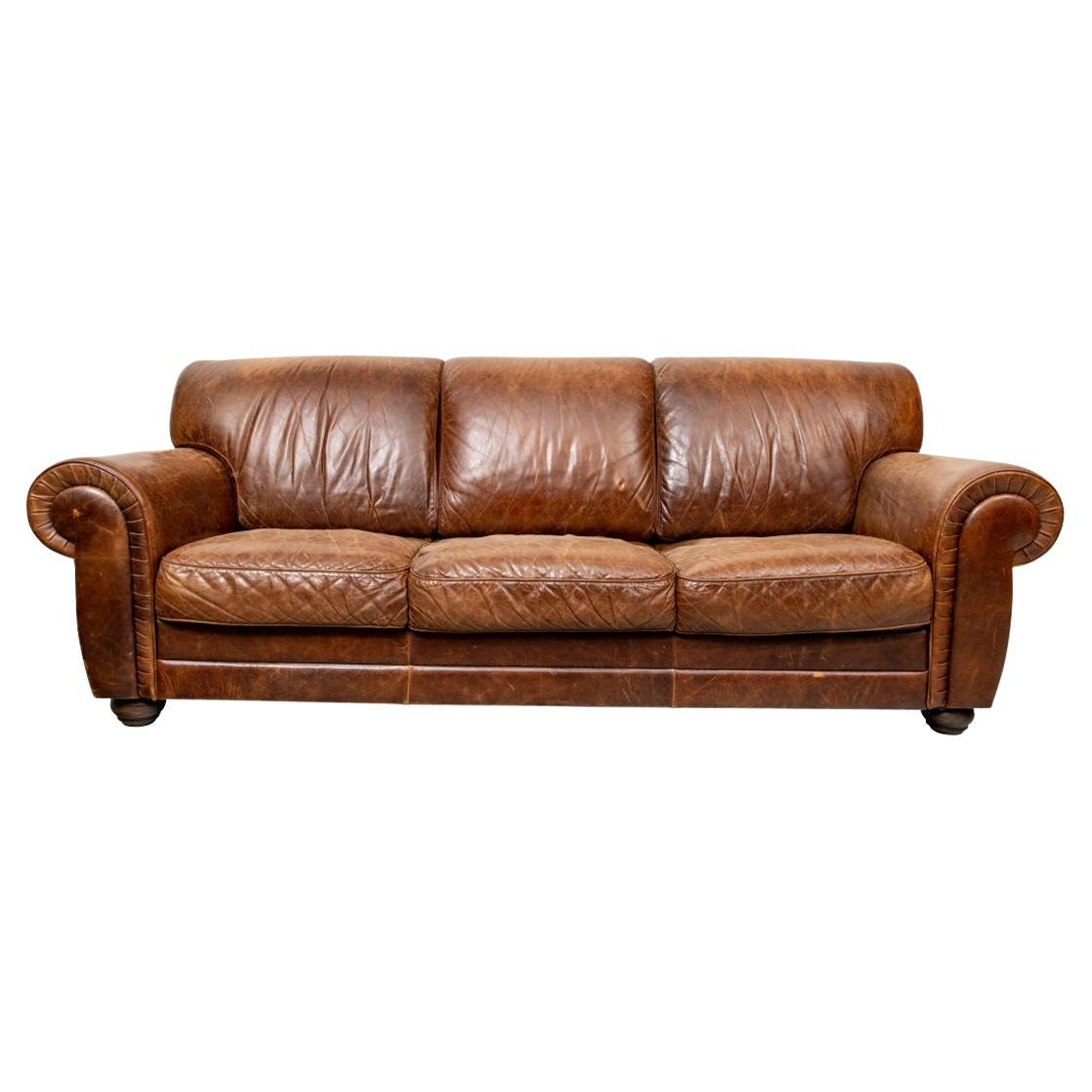 Classic Worn Leather Three Seat Sofa For Sale