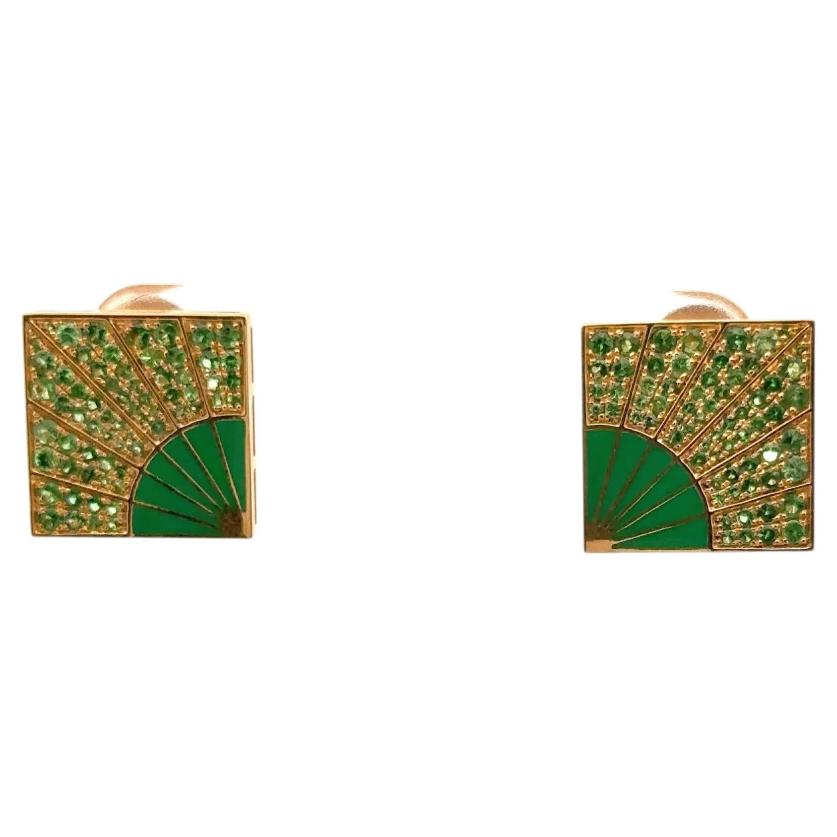 Classic Yellow 18K Gold Earrings Tsavorite Enamel For Her