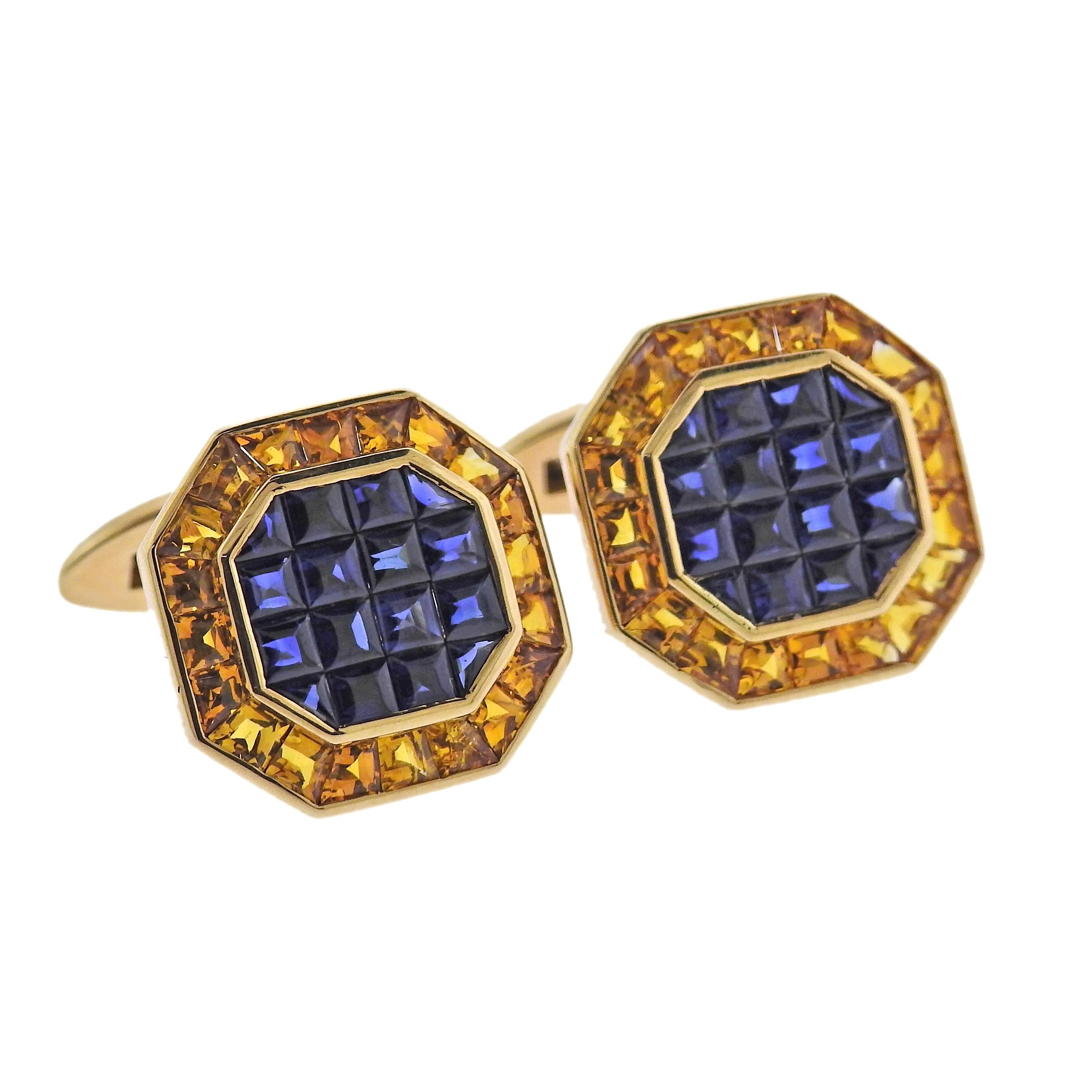 French Cut Classic Yellow Blue Sapphire Gold Cufflinks For Sale