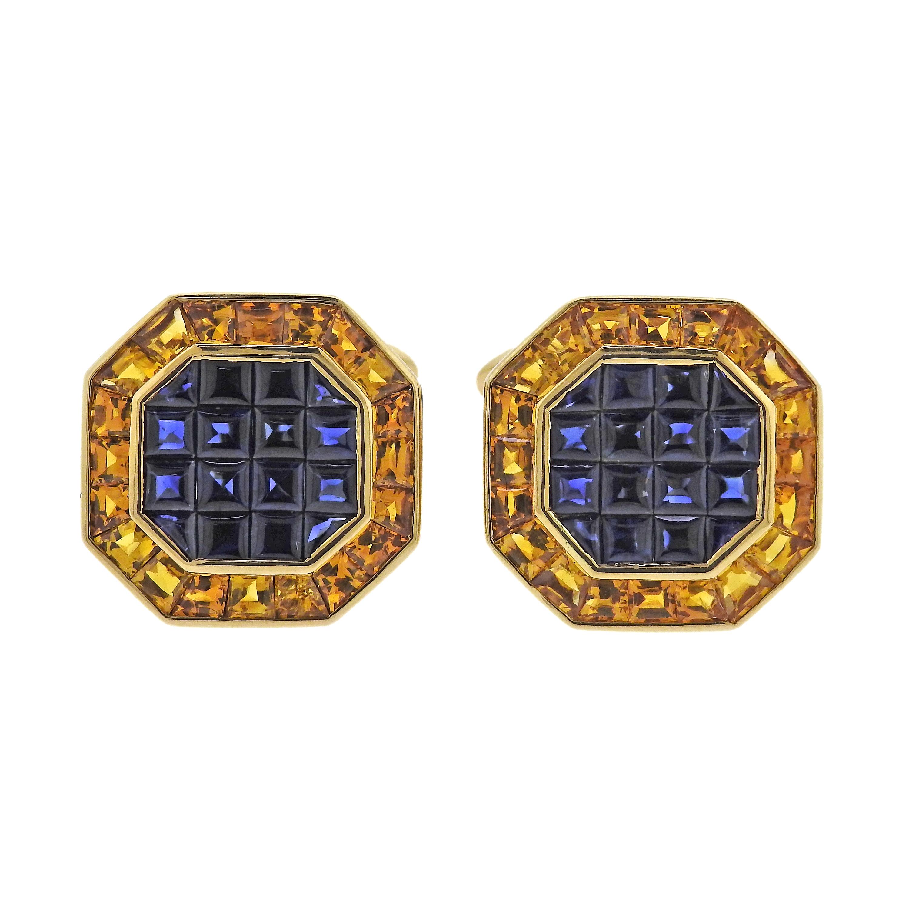Classic Yellow Blue Sapphire Gold Cufflinks In Excellent Condition For Sale In Lambertville, NJ