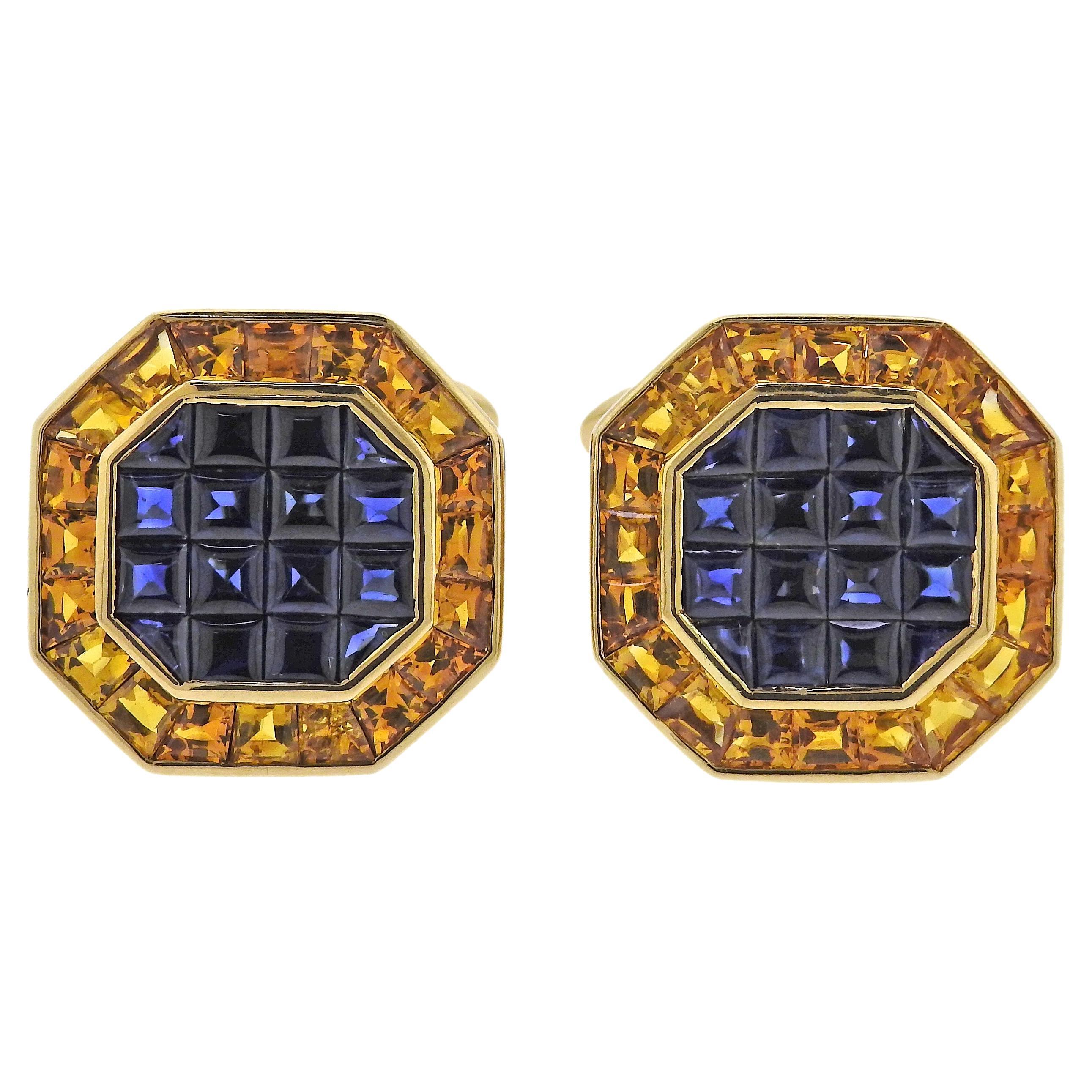 Classic Yellow Blue Sapphire Gold Cufflinks For Sale