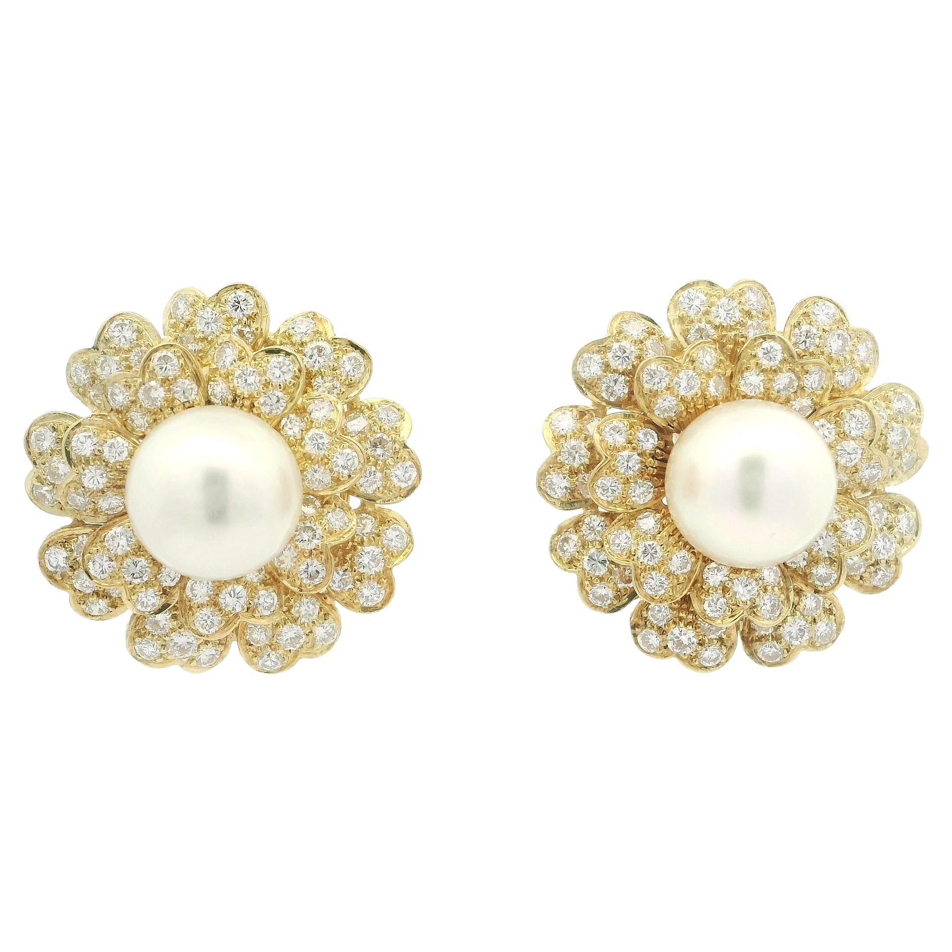 Classic Yellow Gold 11.2mm Pearl w/ 5ctw Diamond Layered Flower Omega Earrings