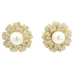 Classic Yellow Gold 11.2mm Pearl w/ 5ctw Diamond Layered Flower Omega Earrings