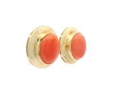 Classic Yellow Gold 11.8x9.7mm Oval Cabochon Salmon Coral Button Stud Earrings